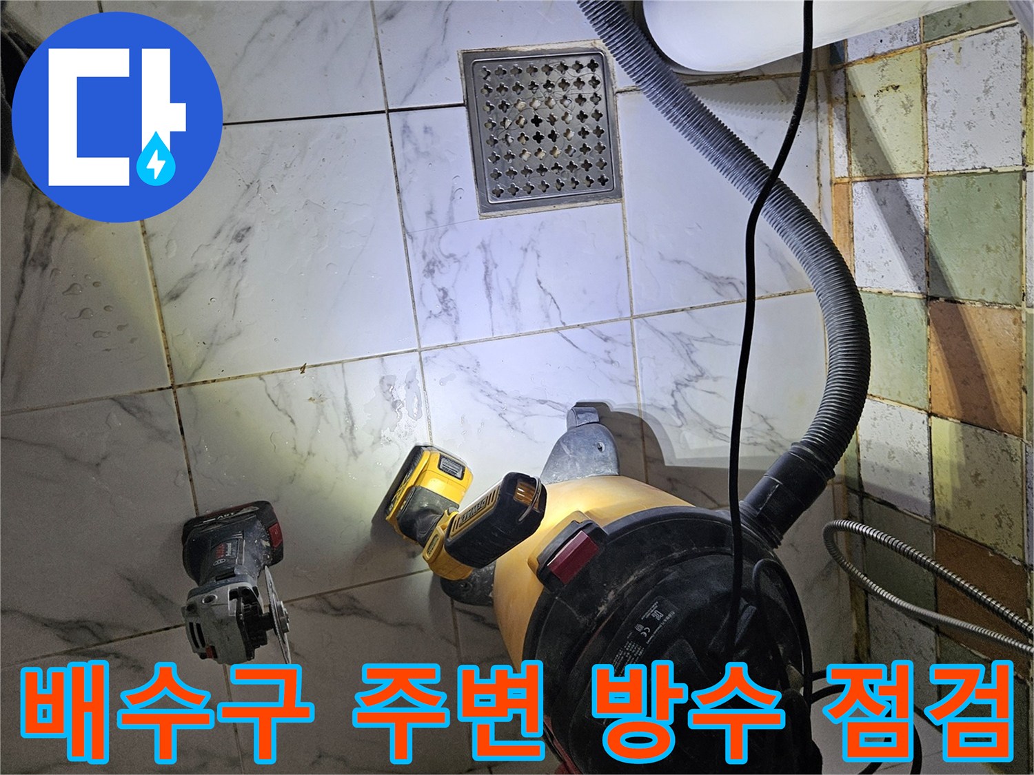 마포구 화장실-유가 근처 타일 및 배수구 상태 확인 중