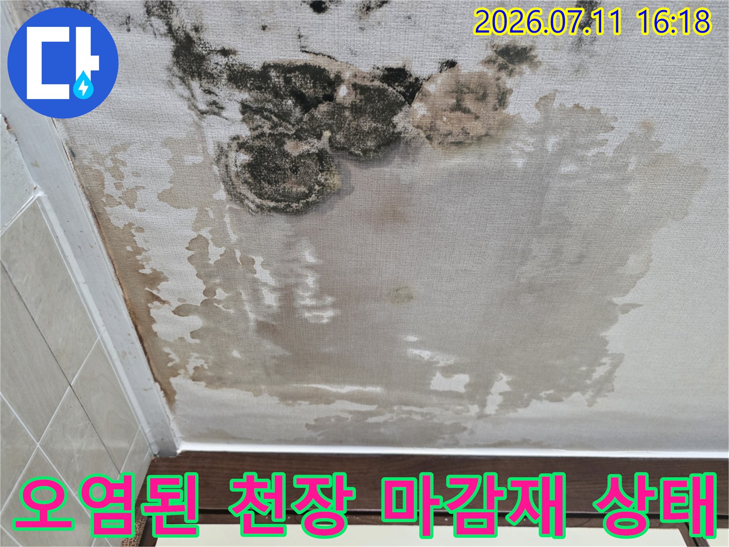 천장과 벽면 접촉부의 누수로 인한 곰팡이 오염