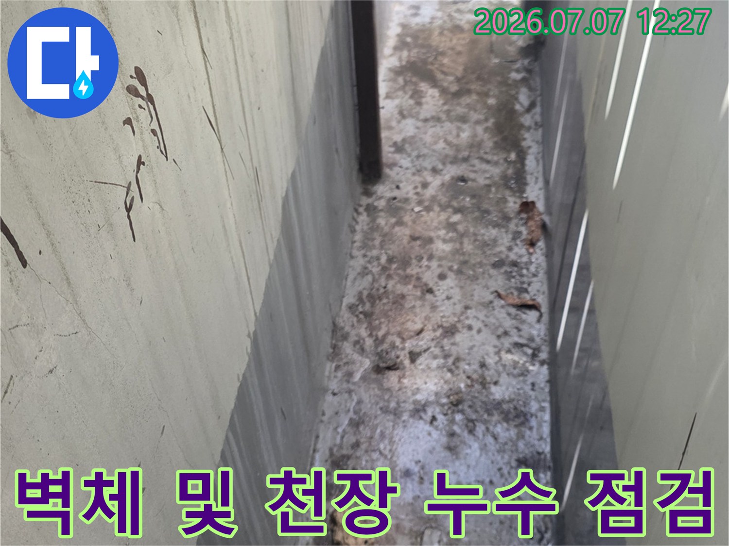습기로 인해 변색되고 곰팡이가 발생한 벽면과 천장 구간