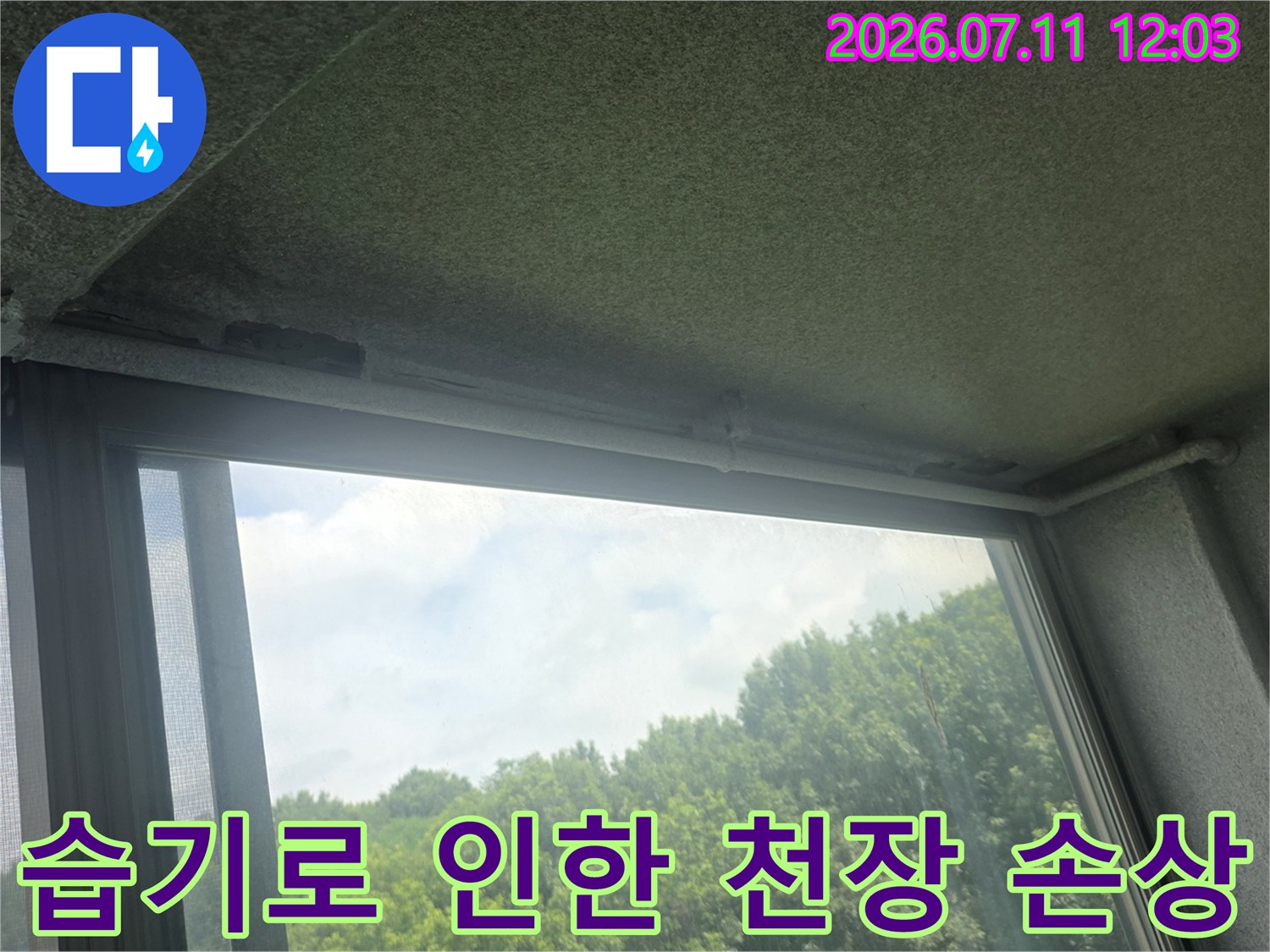 베란다 상단부의 누수 흔적 및 콘크리트 마모 현상