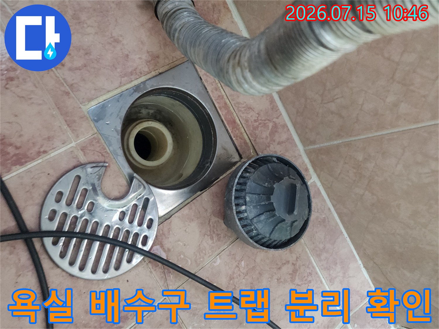 노출된 화장실 배수구 주변의 트랩과 배관 연결부 상태 점검