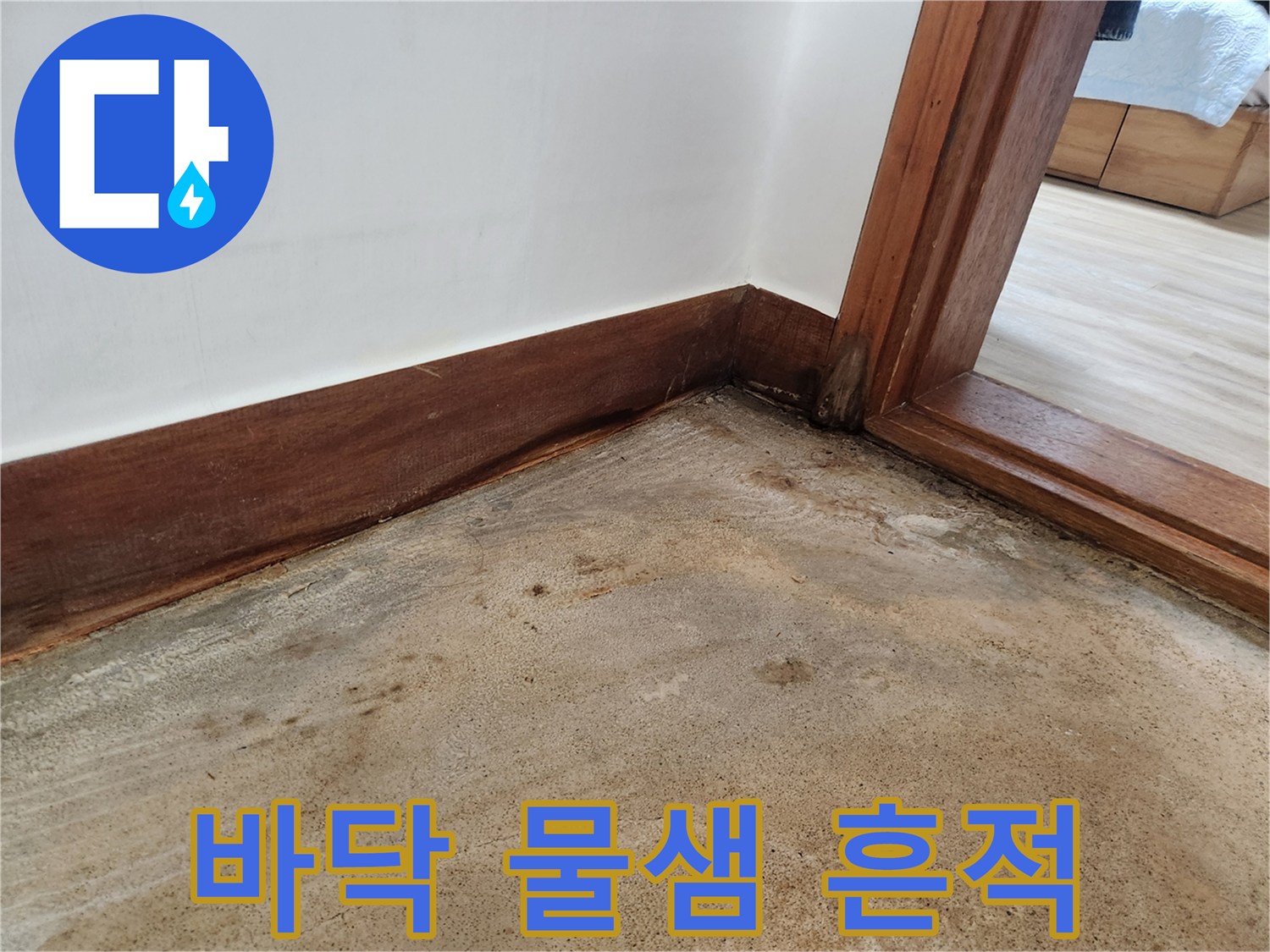 용인 운학동 빌라-바닥재에 발생한 습기와 얼룩 상태를 보여주는 사진