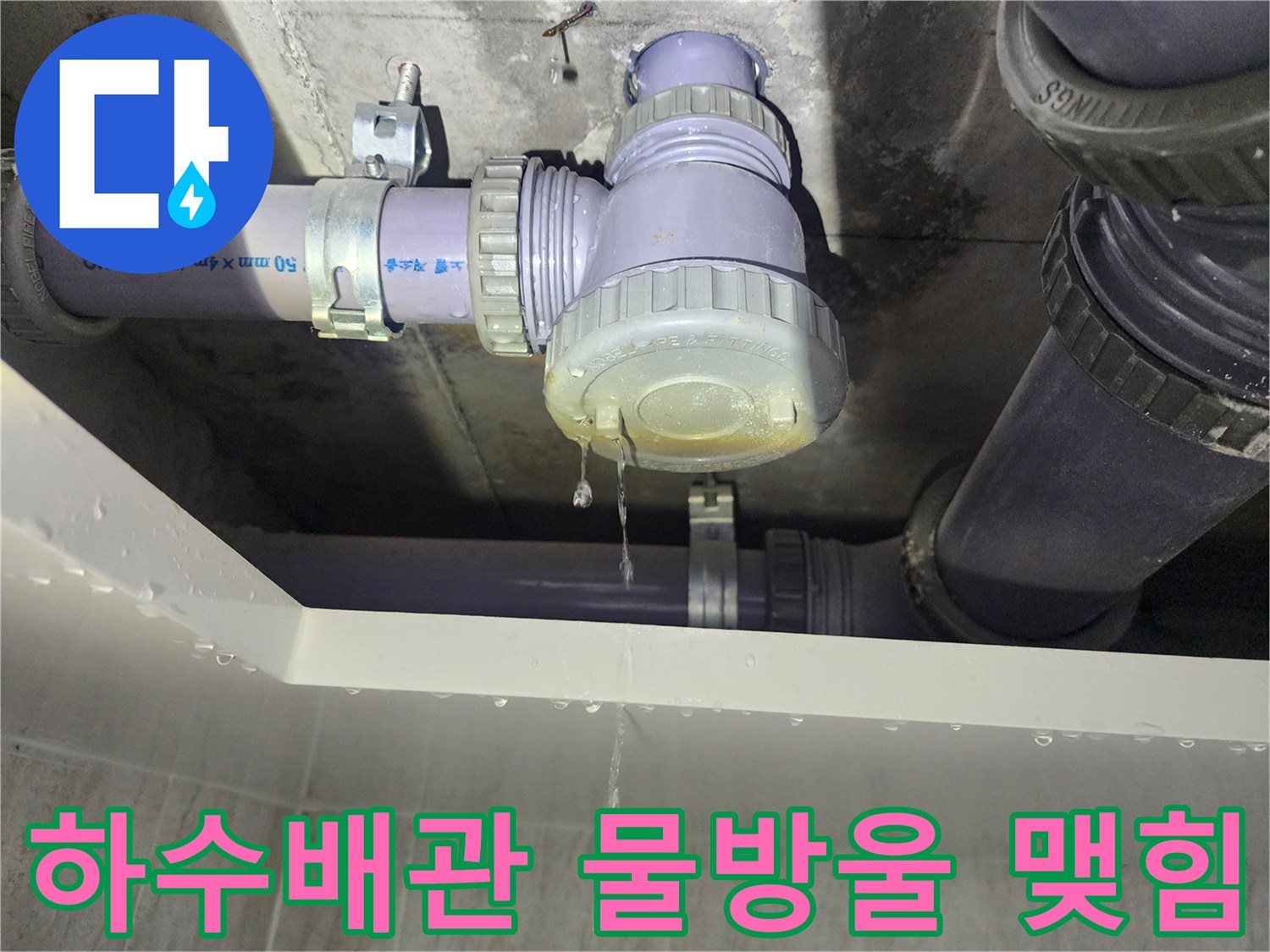 성북구 화장실 천장 하수 배관 연결 부위에서 물방울이 떨어지는 모습