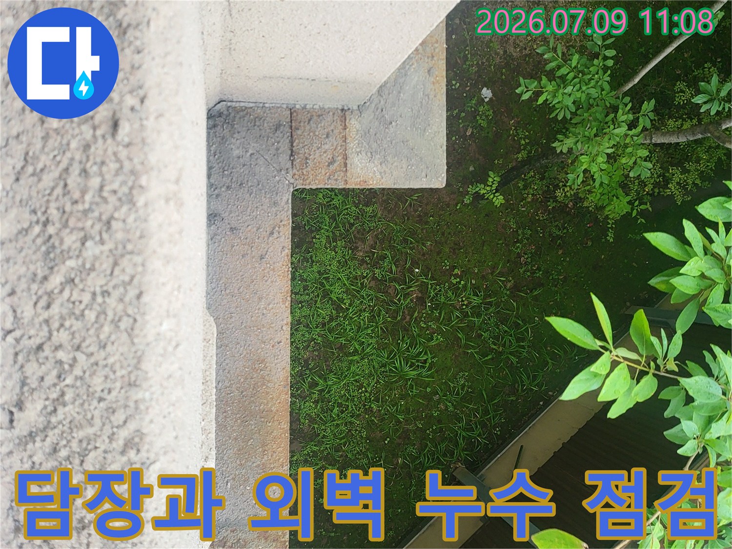 석재 담장 아래로 빗물이 유입되는 외부 구조물을 점검하는 모습