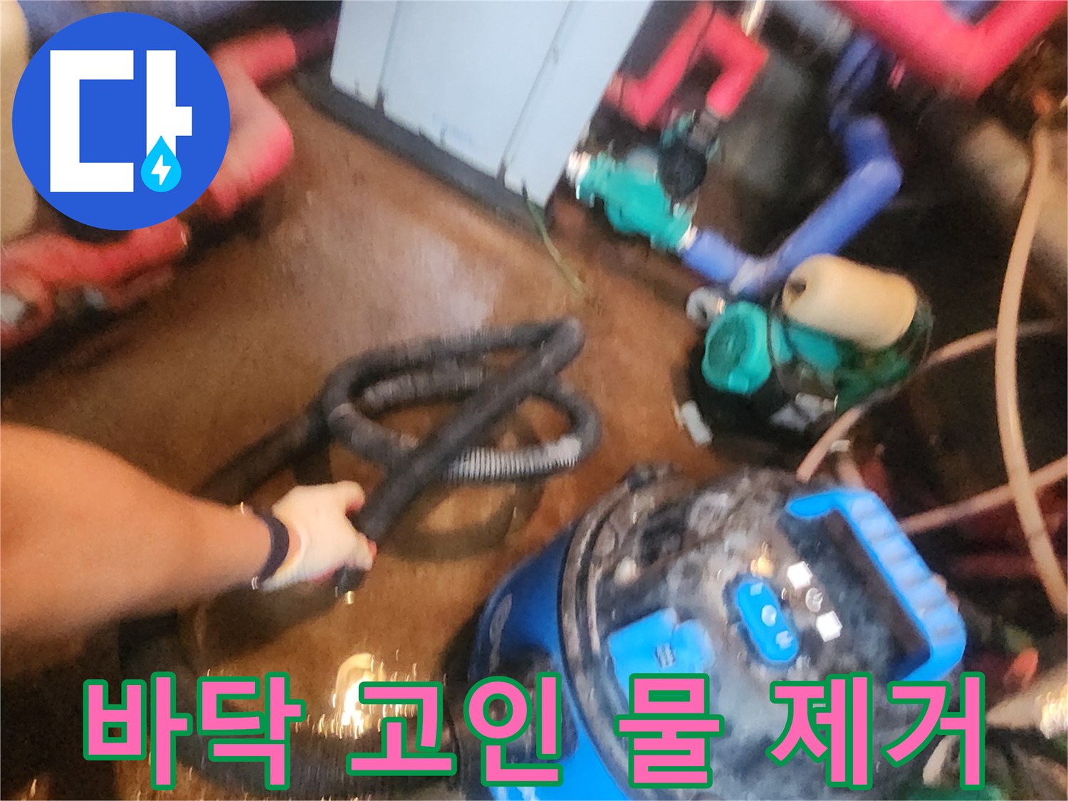 고여 있는 물을 흡입하기 위해 셕션 호스를 사용하는 장면