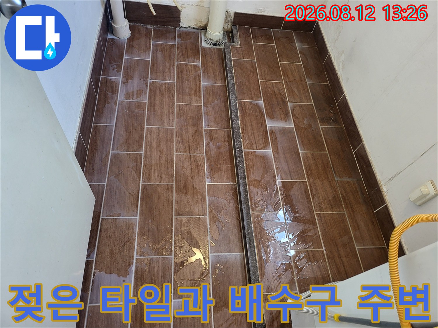 이천 송정동-배수관 인근의 젖어 있는 타일 표면과 줄눈
