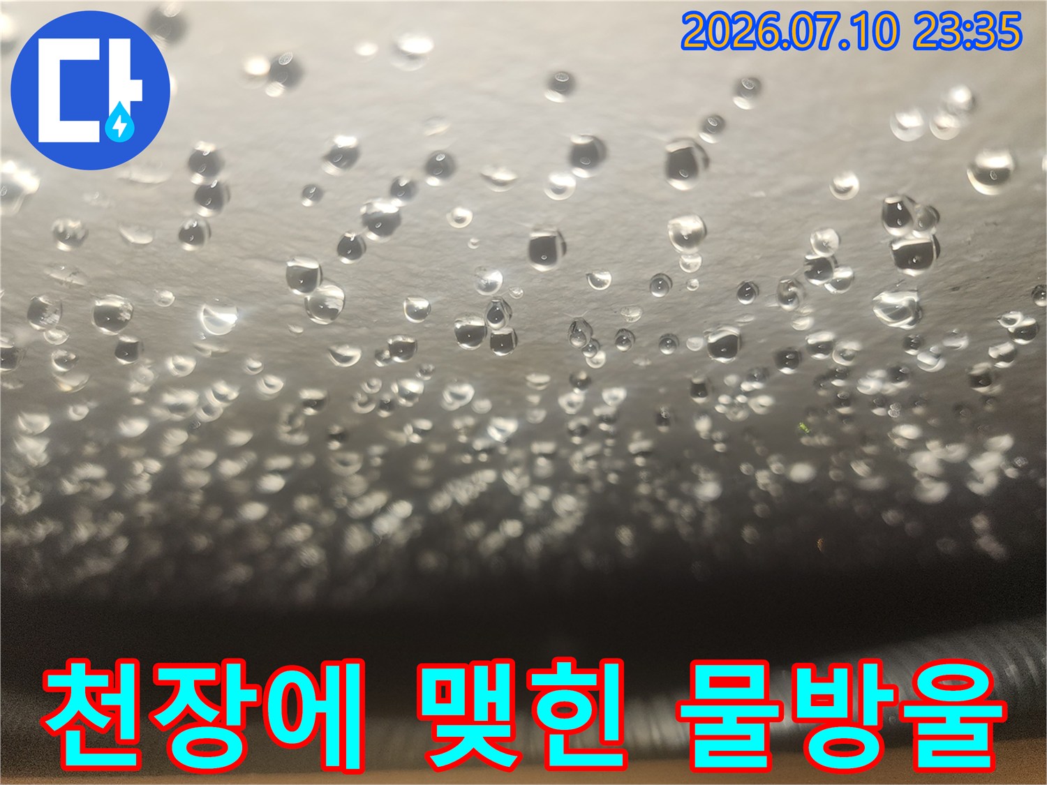 천장 마감재에 고여있는 물방울과 습기 상태
