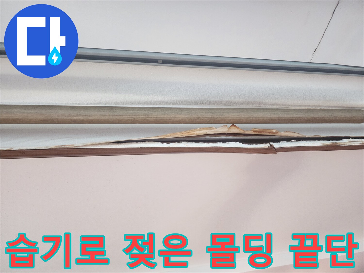 물샘으로 인해 변색된 천장 몰딩 부위