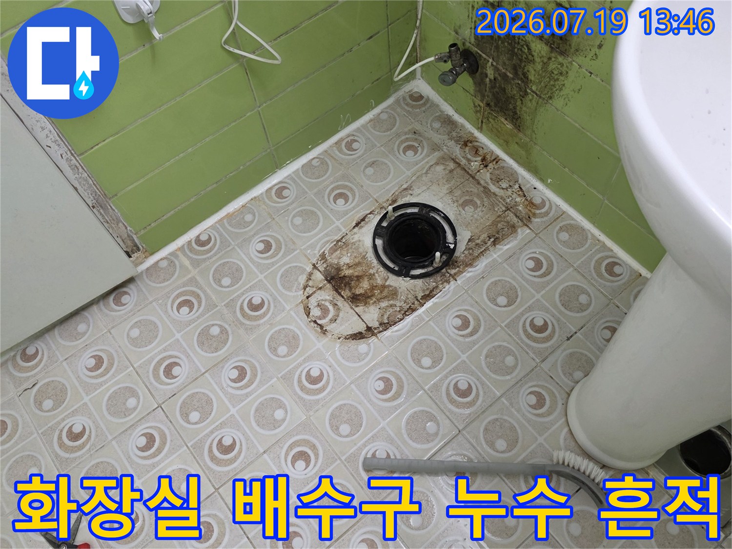욕실 바닥의-배수구 주변에-물때와-오염이-심한-상태의-사진