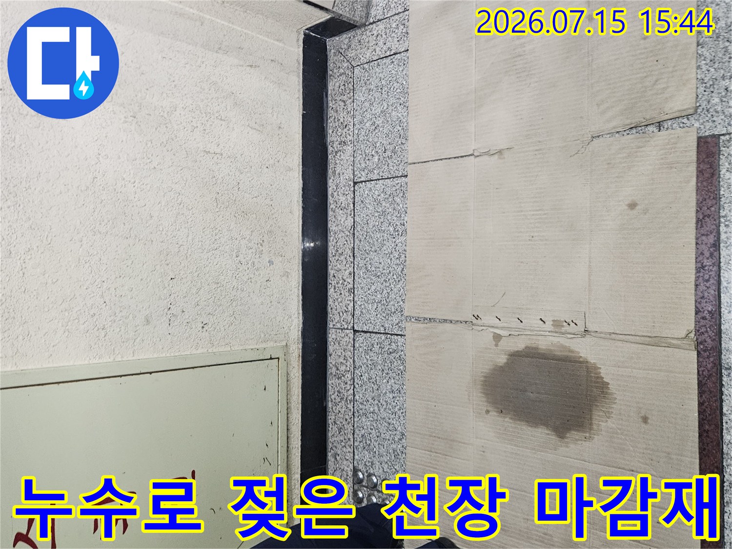 물에 젖어 변색된 목재 패널과 누수 얼룩