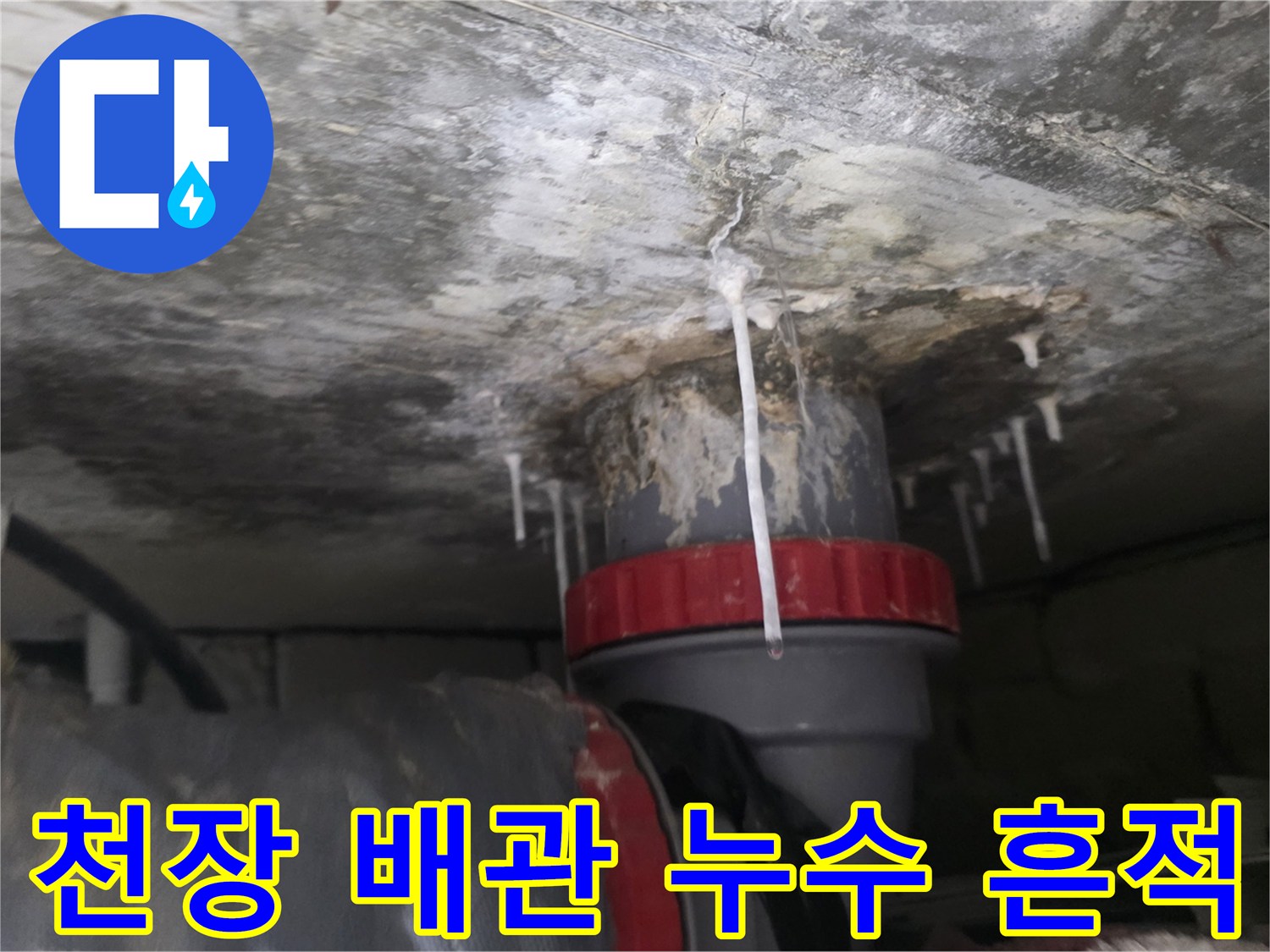천장 슬래브와 배관 사이의 젖은 자국 및 석회 침착물