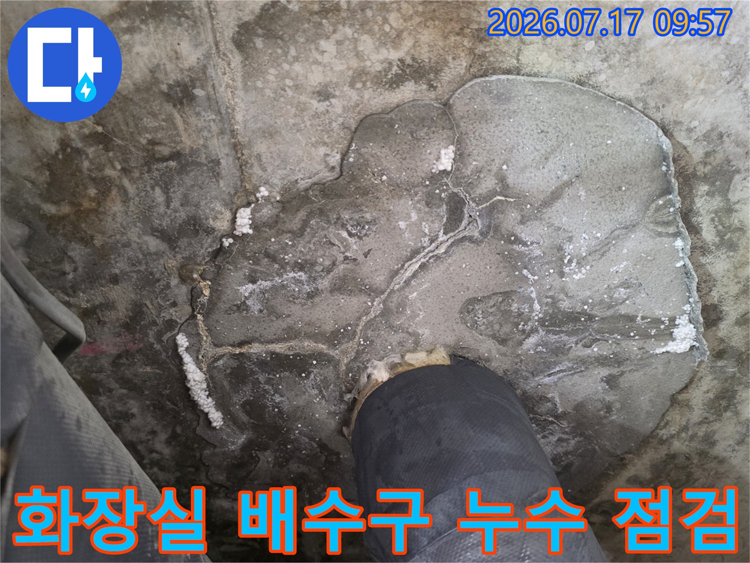 화장실 바닥 방수층이 손상된 배수구 부근을 조사하는 모습