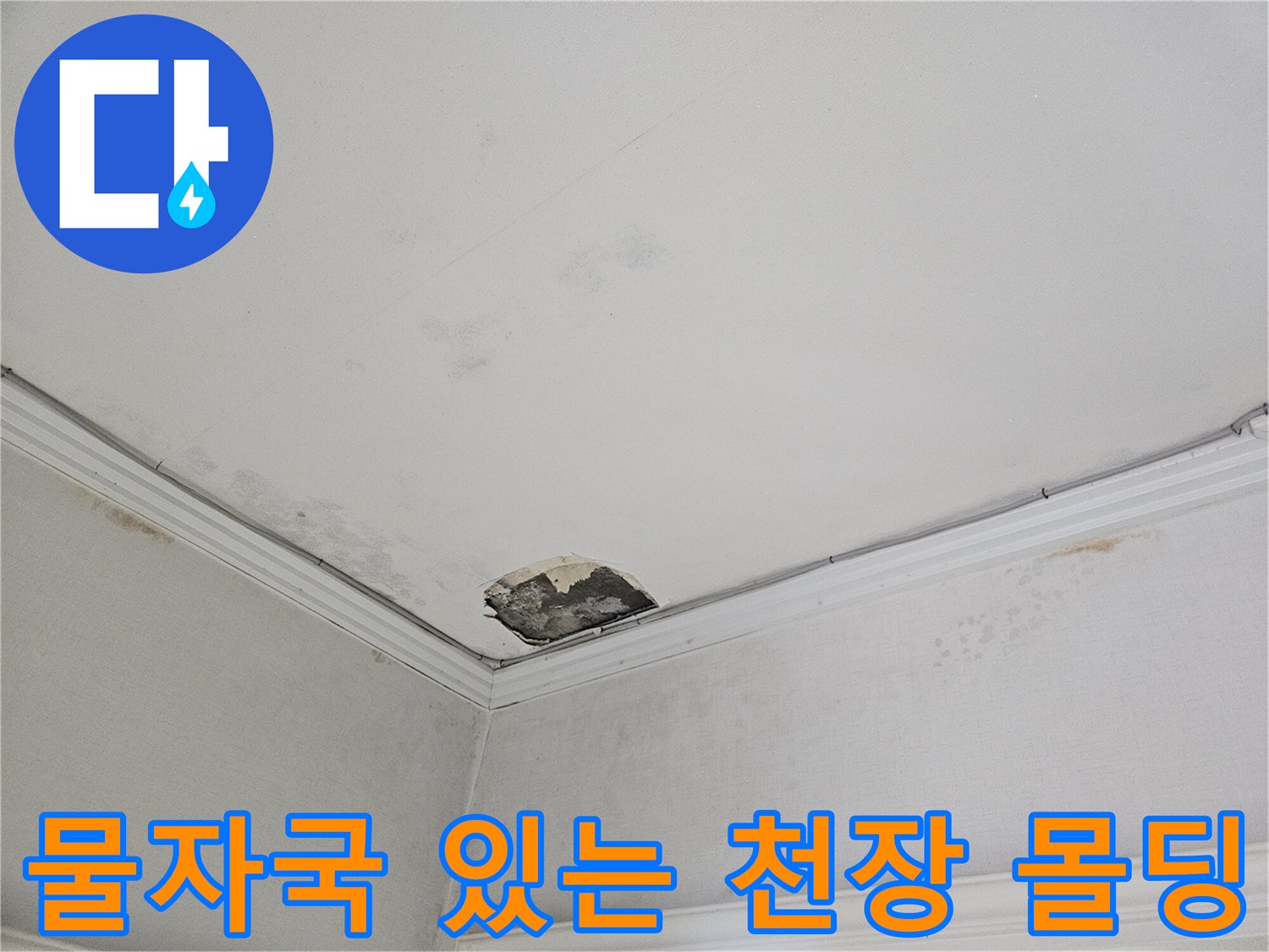 누수로 인한 오염과 훼손이 발생한 아파트 거실 천장 부위
