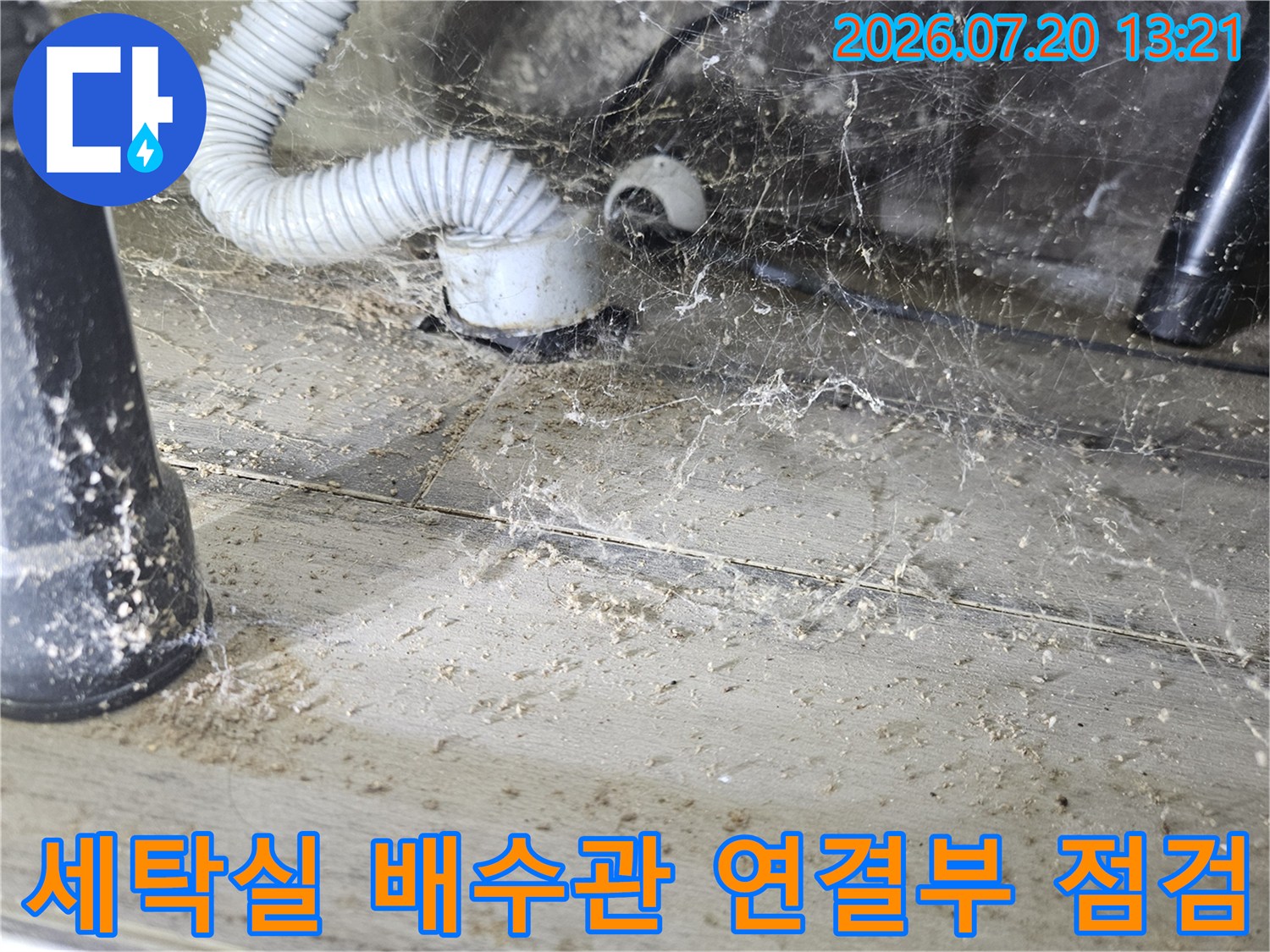 세탁기용 흰색 주름관이 연결된 배수관 파손 부위 확인