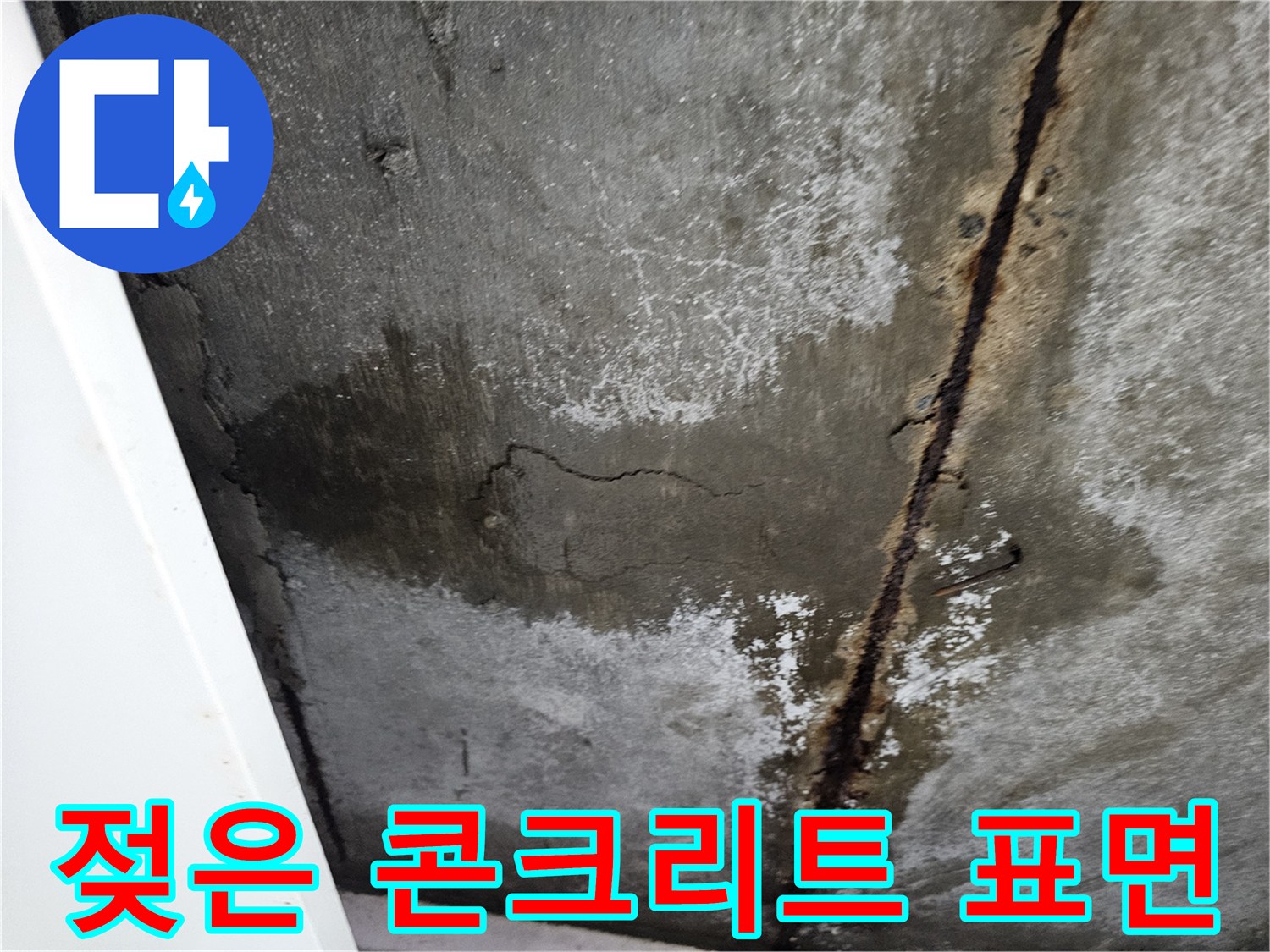 습기로 젖은-콘크리트 바닥과 부식된 철근의 모습