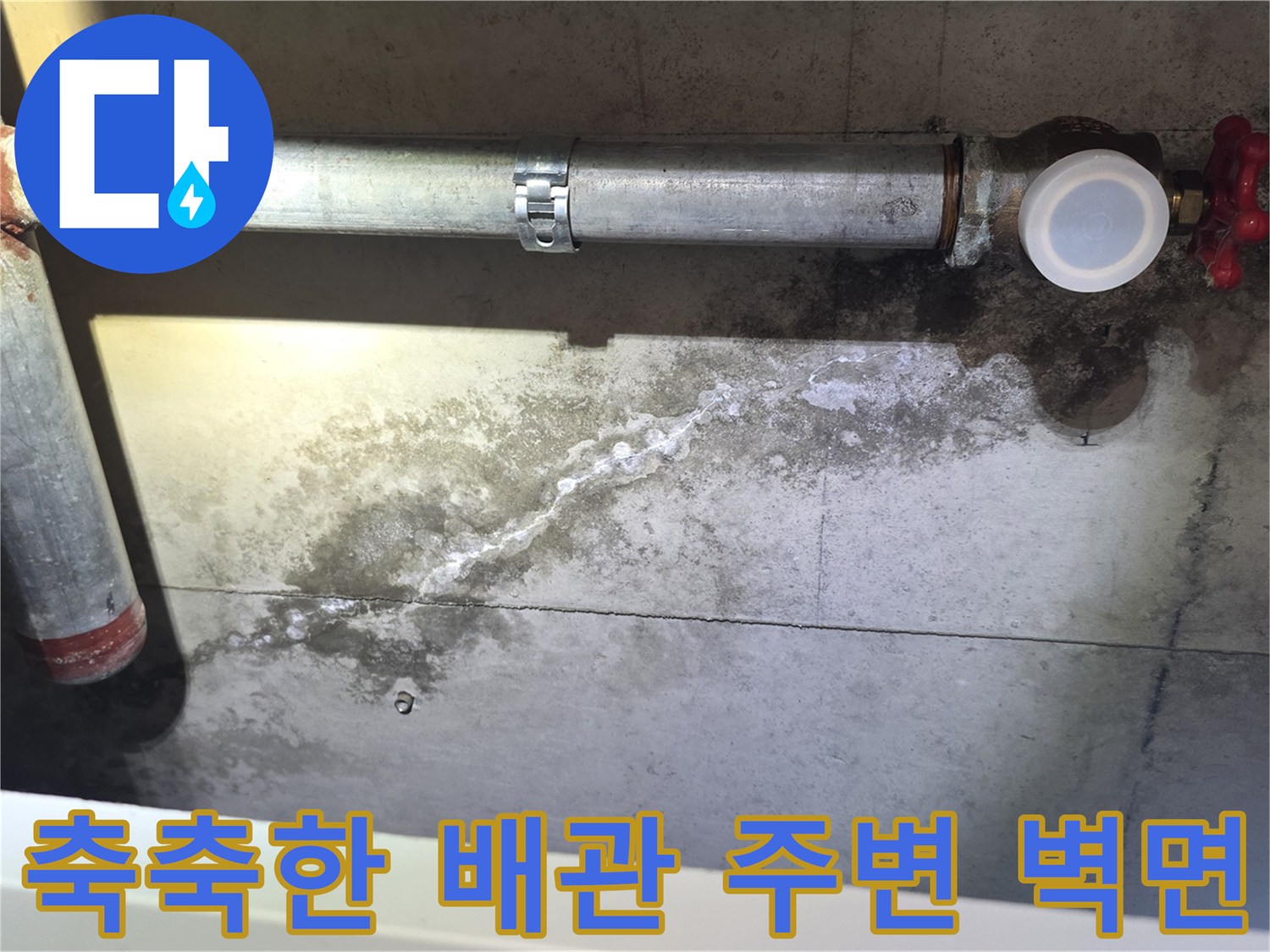 습기가 침투하여 백화가 진행된 배관 부위
