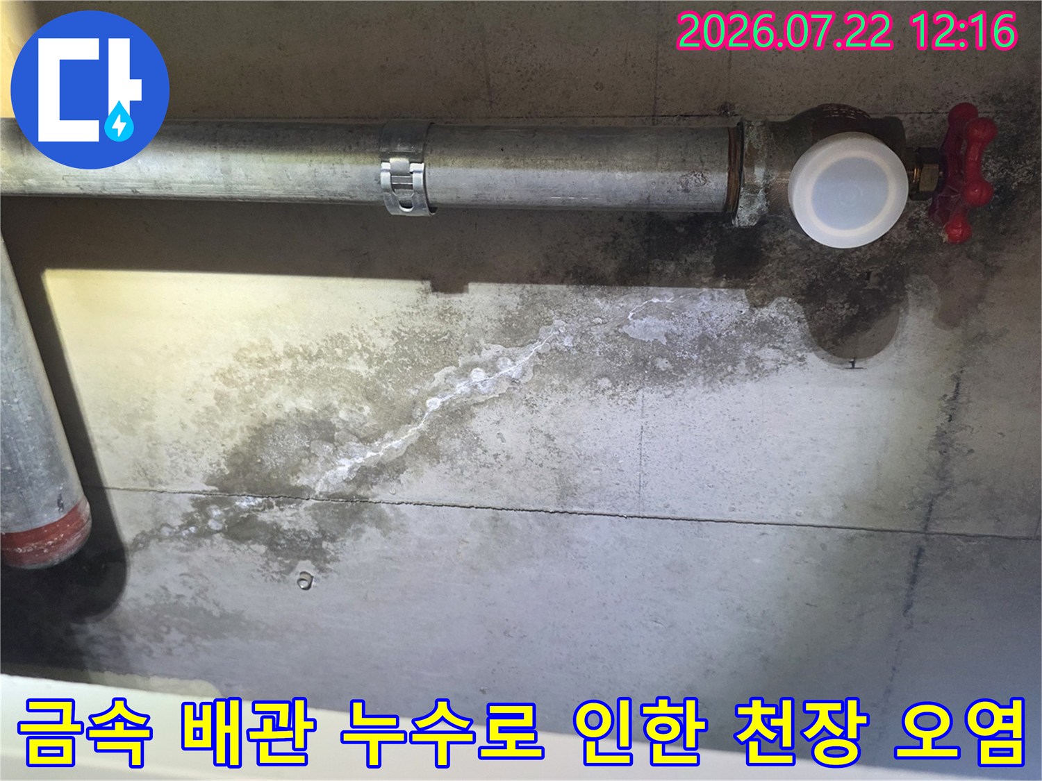 흰색 캡이 씌워진 배관-주변 콘크리트 벽면에 물이 흐른 자국과 습기가 가득한 모습