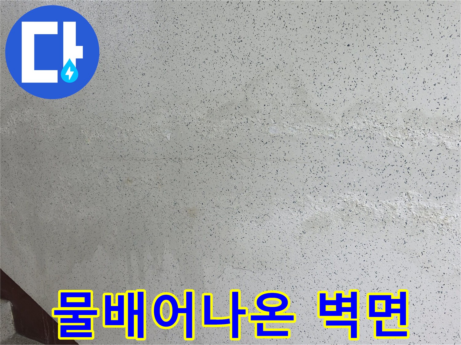 계단 벽면의 넓은 수분 침투 흔적