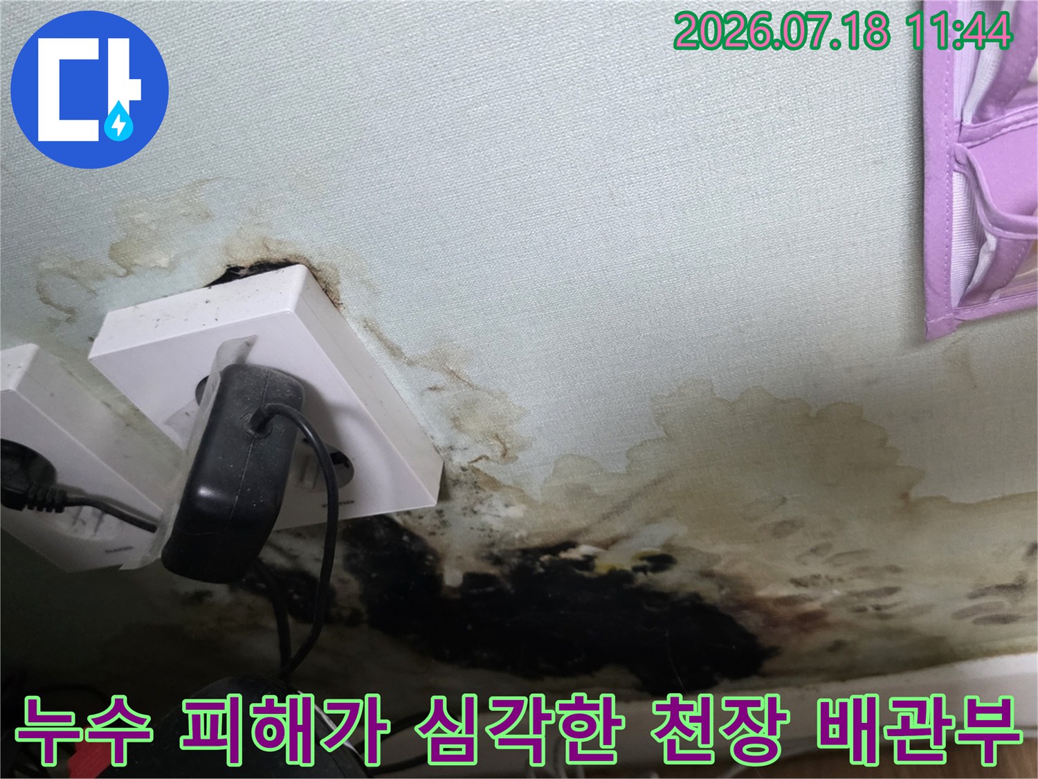 화장실 입구 천장의 콘센트 및 배관 주변에 발생한 누수 흔적과 곰팡이