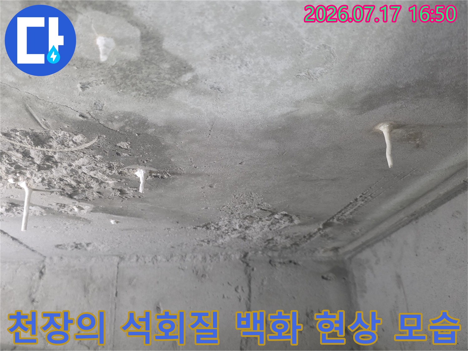 욕실-천장-콘크리트에서-하얀색-석회가-맺혀있는-누수-증거-사진