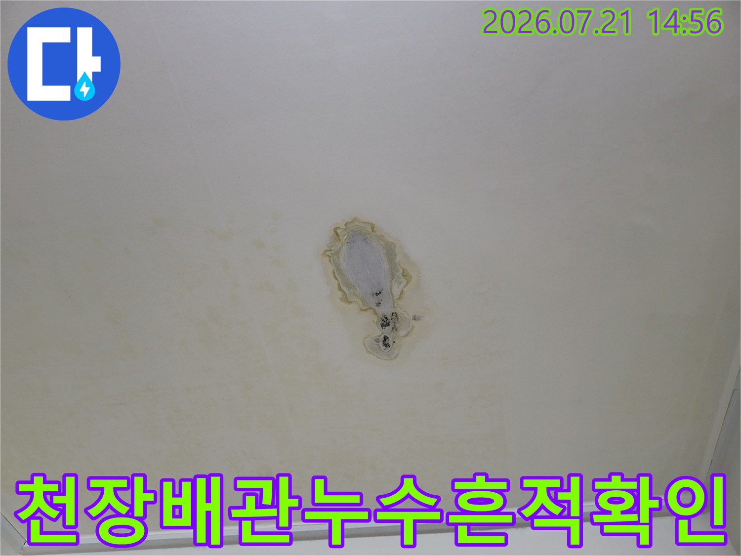 천장에 발생한 노란색 누수 흔적과 마감재가 훼손된 모습