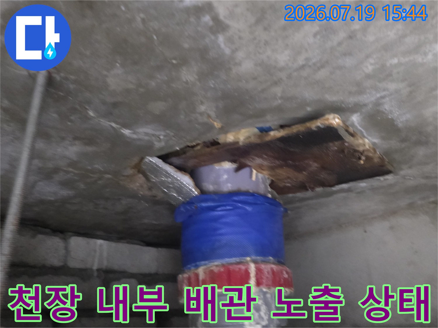습기가 가득한 콘크리트 슬래브와 그 사이로 연결된 파란색 하수 배관의 모습