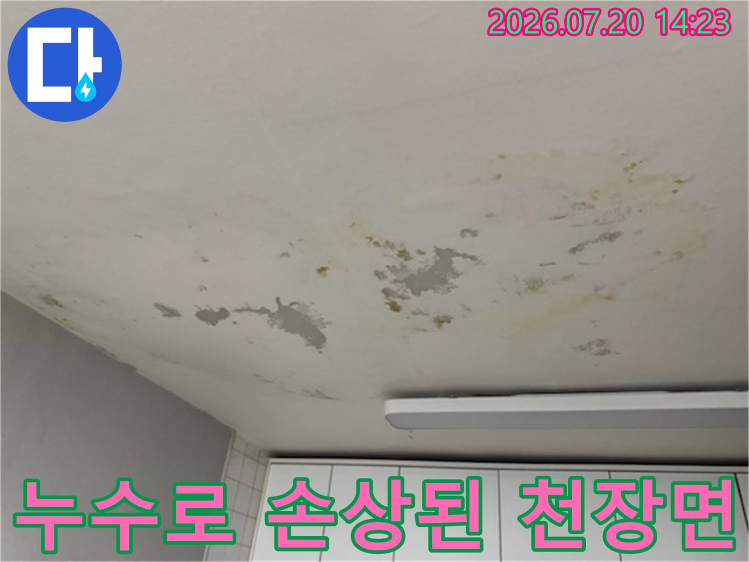 거실과 방 상단부 천장에 발생한 누수 얼룩 및 석고보드 훼손 상태
