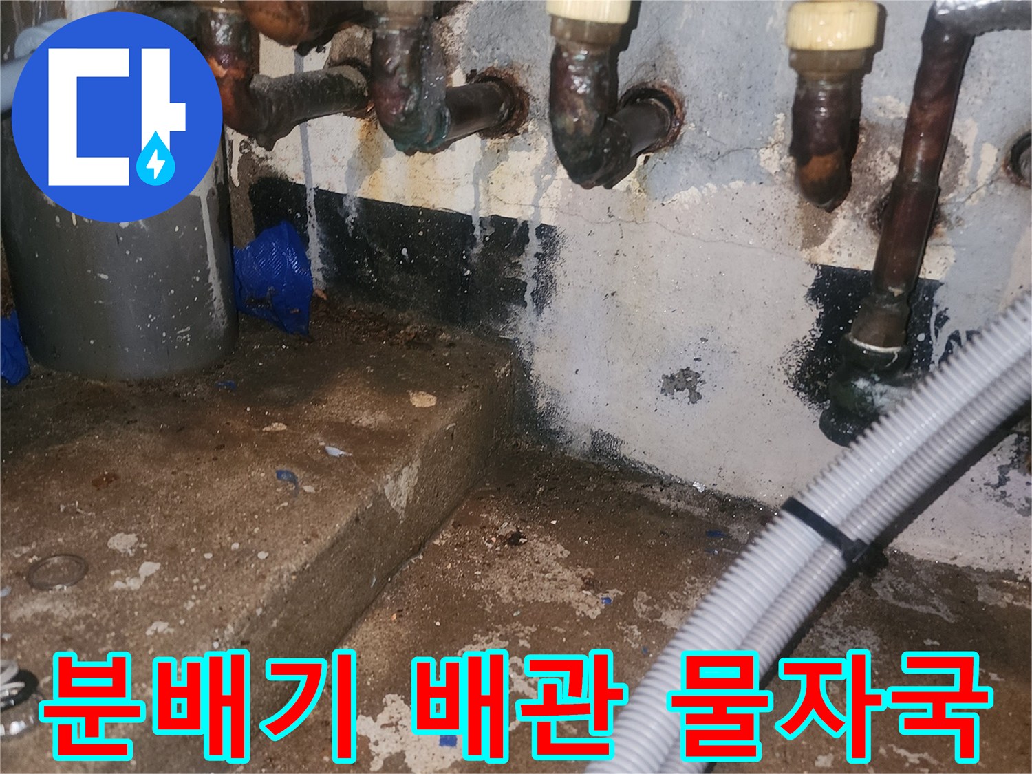 보일러 분배기 연결 부위의 누수 흔적과 젖은 벽면 상태