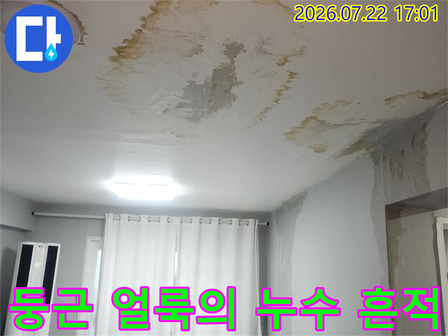 수분 침투로 인해 변색되고 부풀어 오른 거실 천장부 시각 자료