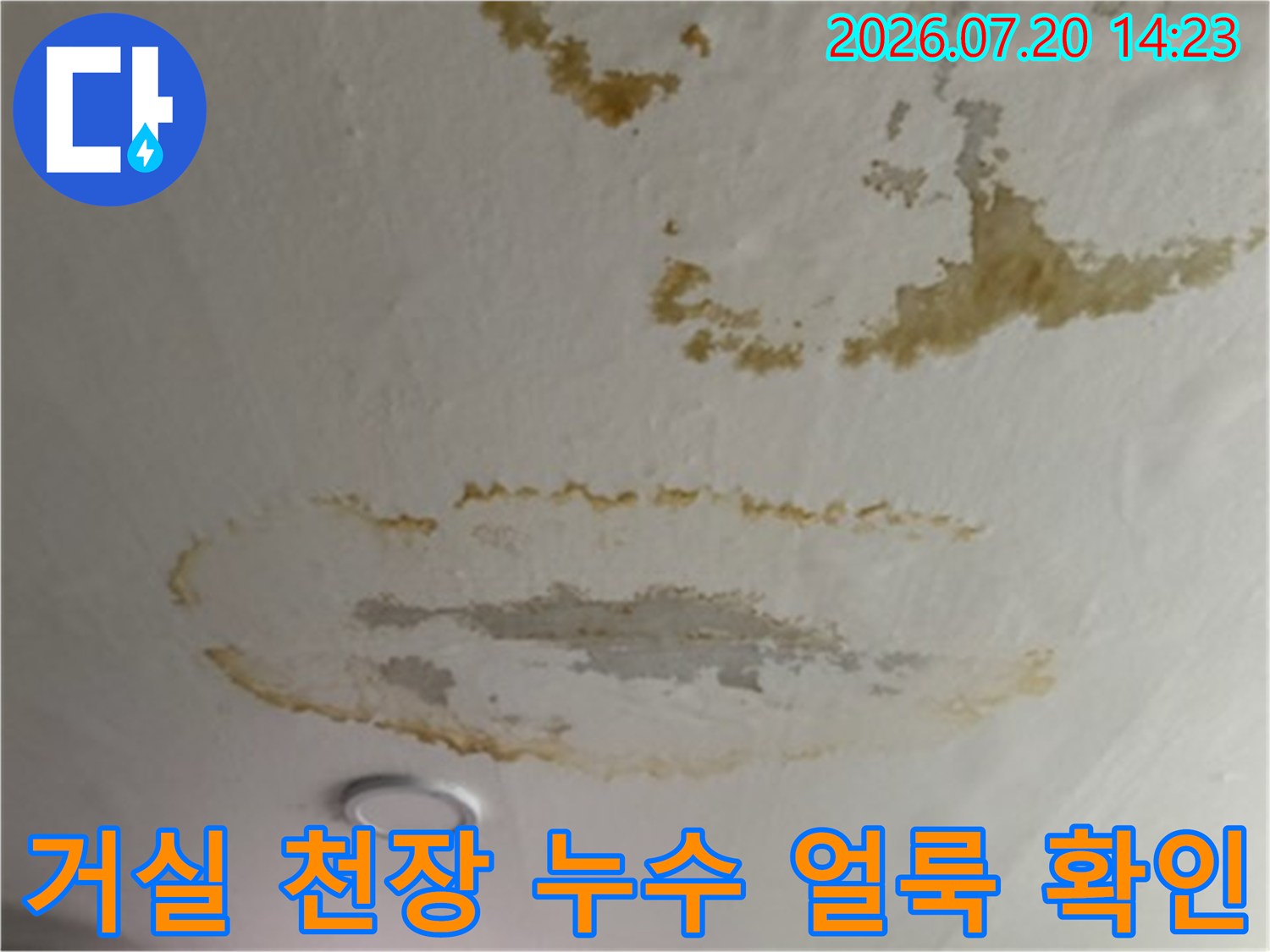 아파트 거실 천장의 노란색 누수 얼룩과 마감재 박리 현상