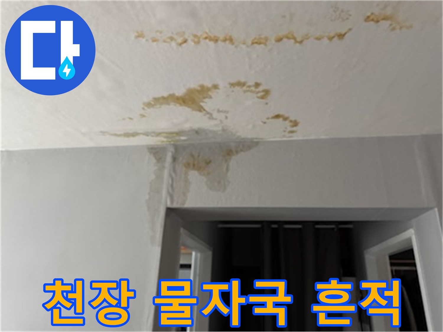 천장 마감재에 나타난 광범위한 수분 침투 자국