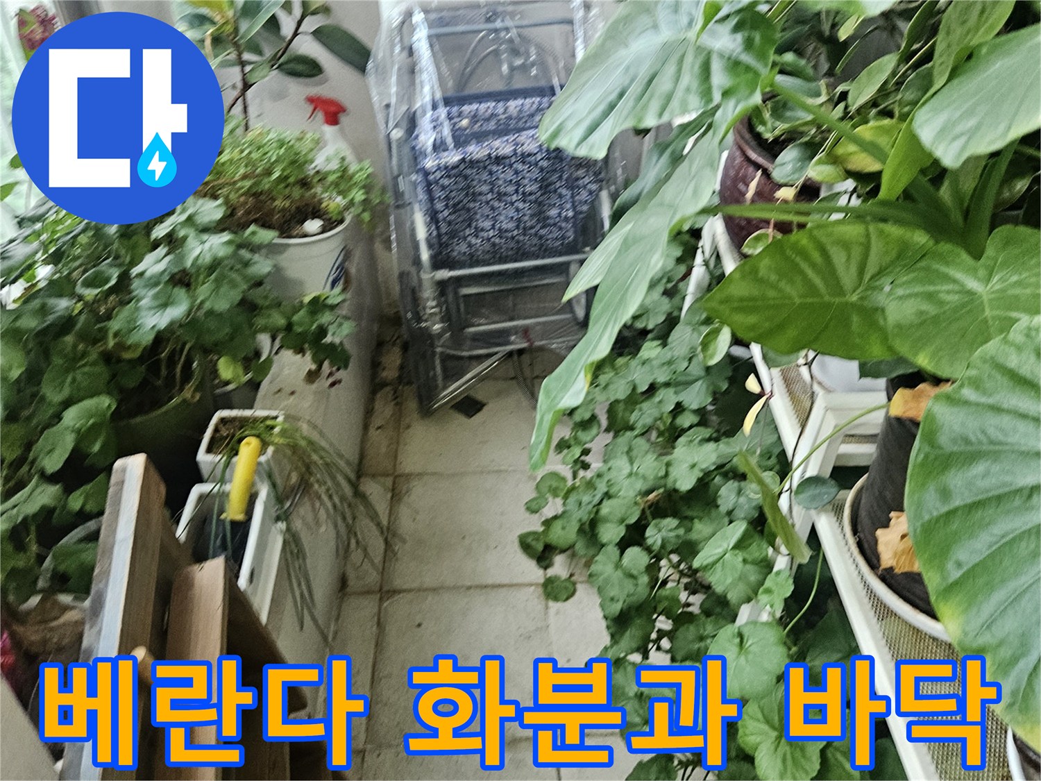 의정과 장암동 현장의 베란다 화분 및 타일 바닥 모습입니다.