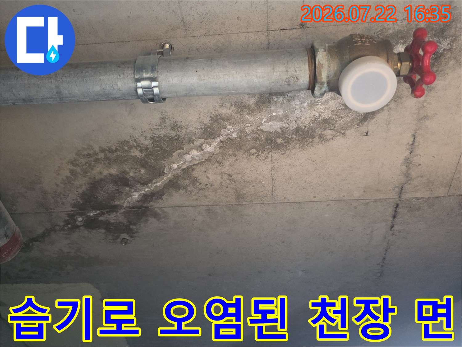 천장에 노출된 은색 배관과 빨간 밸브 아래로 형성된 짙은 색의 누수 얼룩들