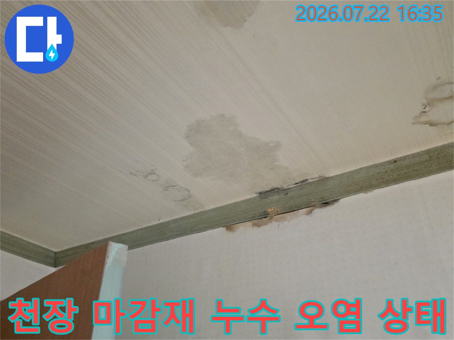 하얀색 천장에 발생한 불규칙한 모양의 갈색 물자국-곰팡이 번짐
