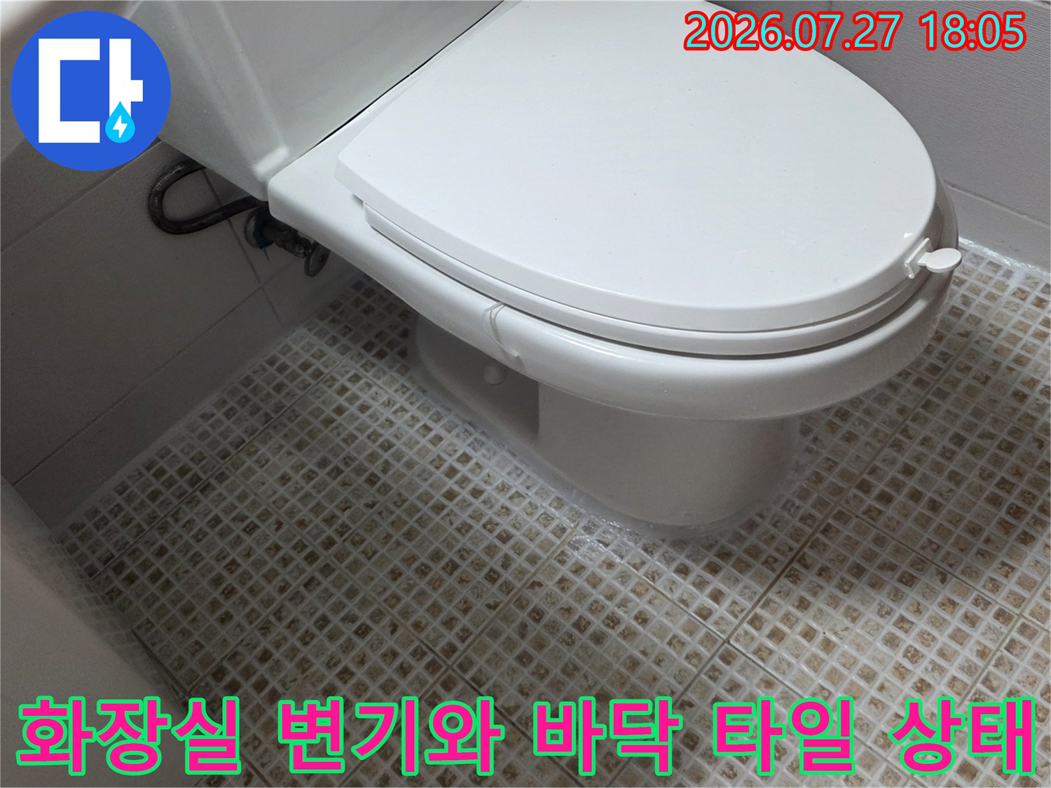 흰색 변기가 설치된 화장실-모자이크 타일 바닥의 전경 사진