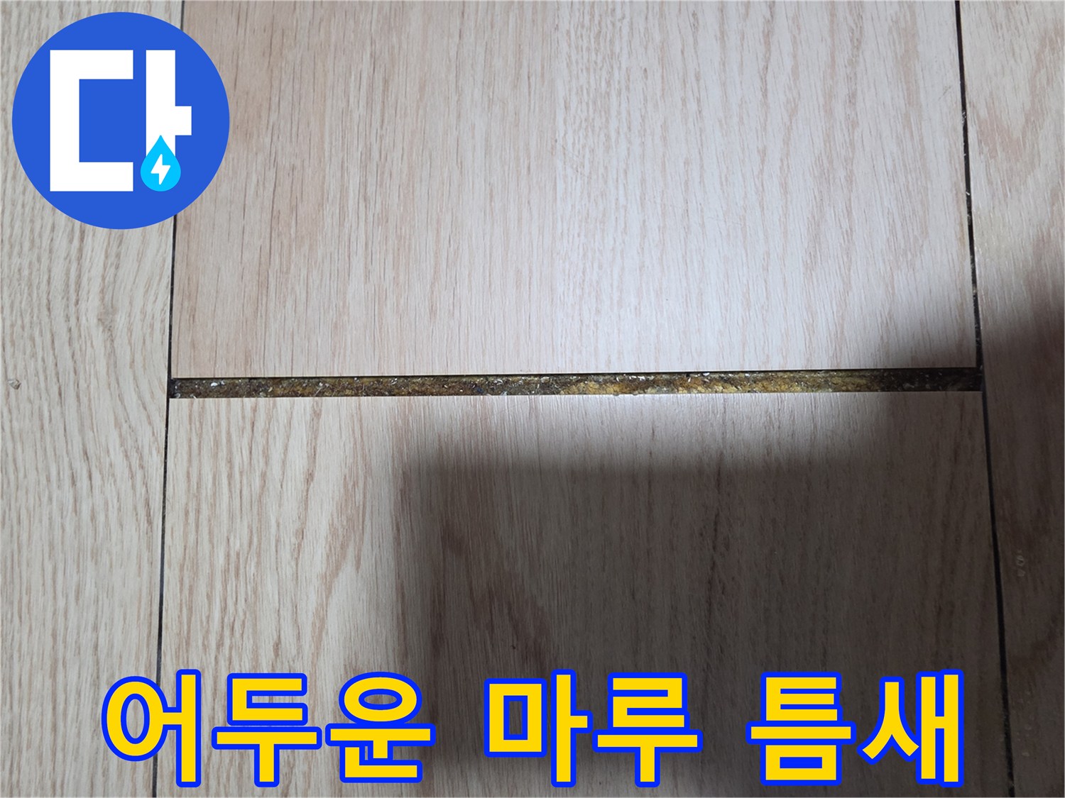 마루 이음새 부위의 어둡게 변한 습기 흔적