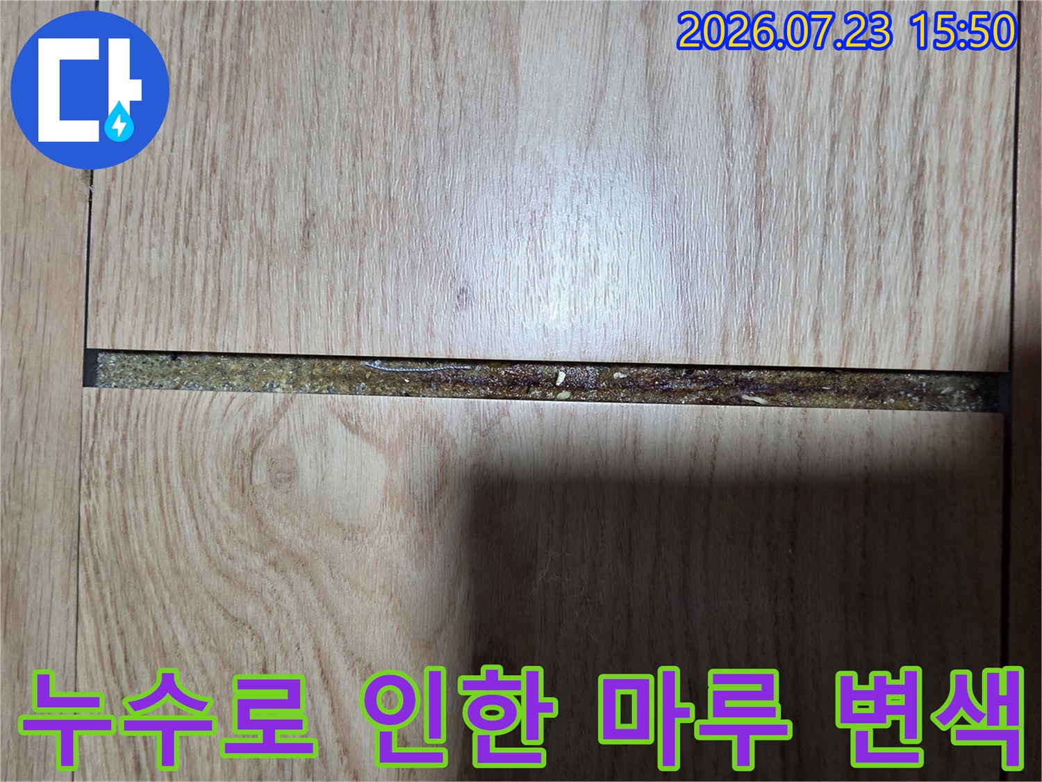 바닥재 틈새에 물기가 스며들어 색깔이 어둡게 변한 누수 의심 부위