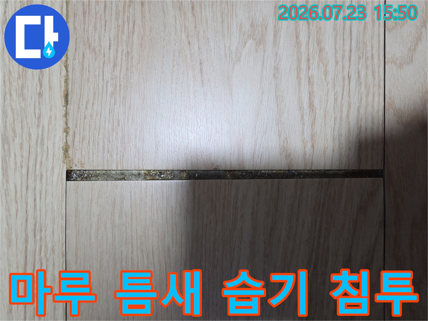 밝은 나무 무늬 마루의 일직선 틈새 부분이 어두운 갈색으로 변한 모습