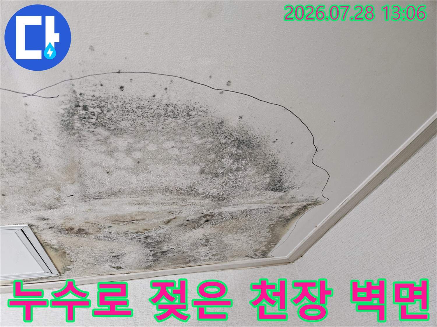 물샘으로 인해 변색되고 곰팡이가 발생한 주방 천장 부위