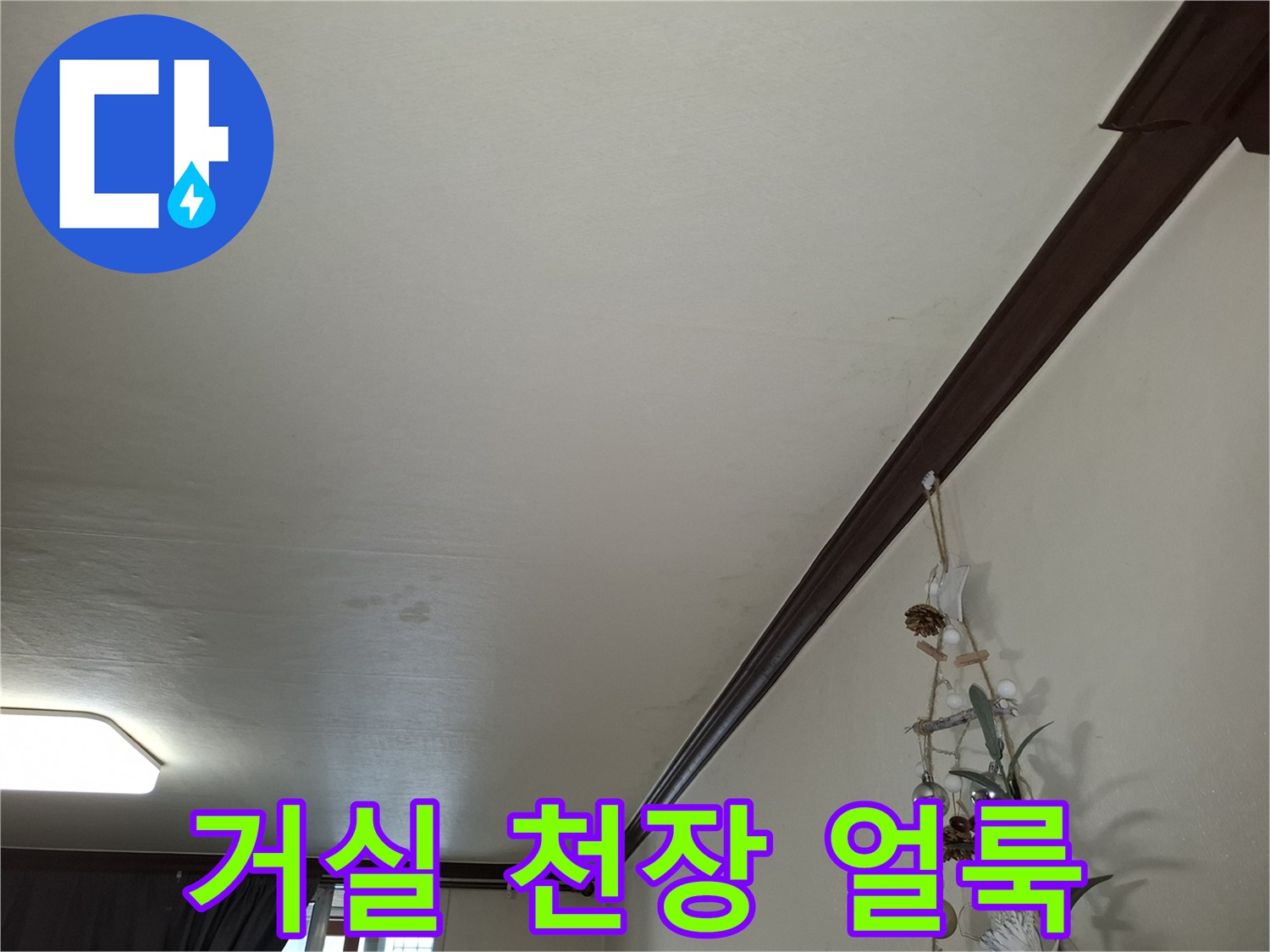 거실 천장 몰딩 주변의 물샘 흔적 및 변색