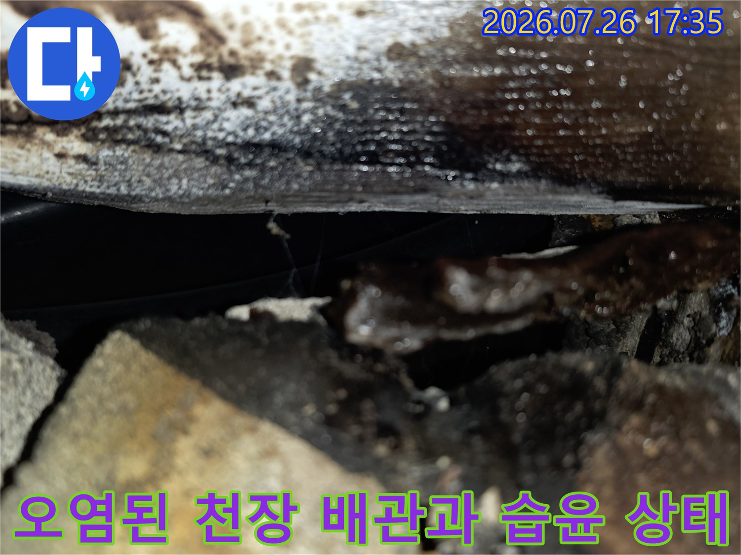 검게 변색된 천장 콘크리트 슬래브와 물기가 맺힌 배관 모습-누수 진단 사진