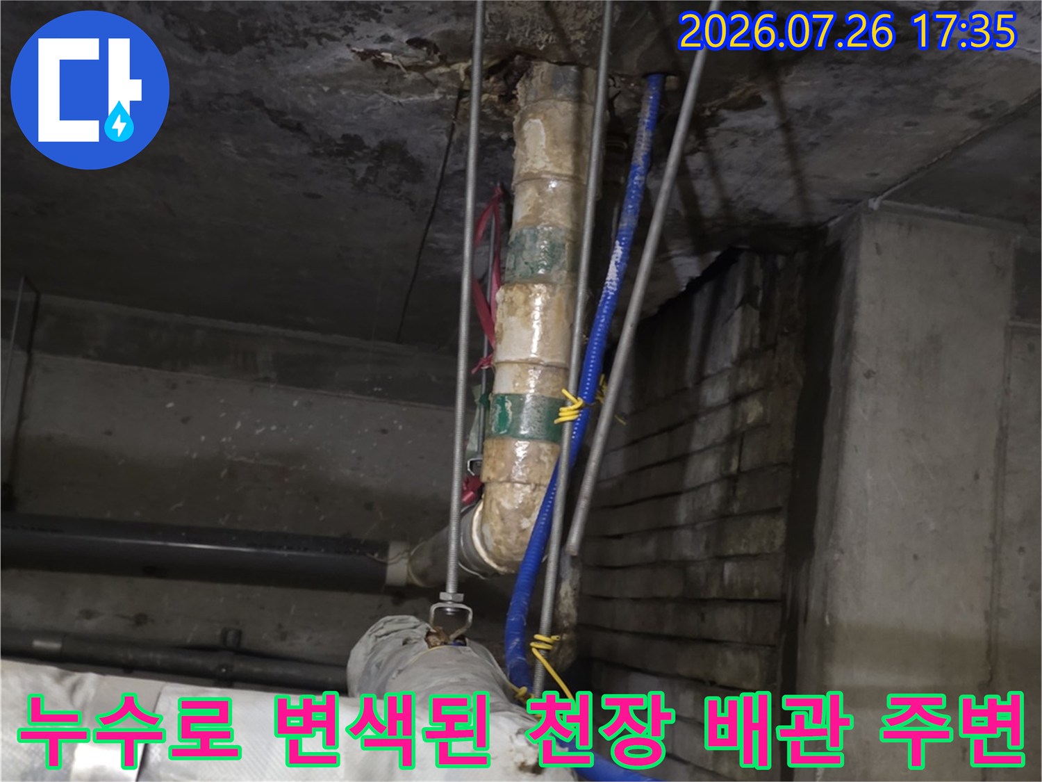 천장의 파란색 호스와 보온 배관 주변에 형성된 누수 오염 흔적