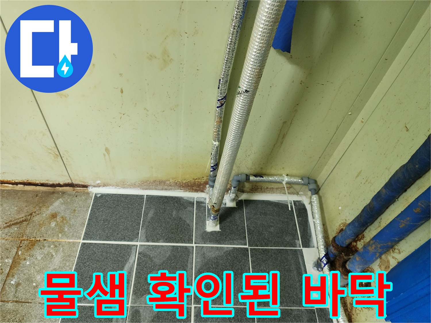 포천 창수면-누수가 진행 중인 젖은 타일과 배관 부위입니다.