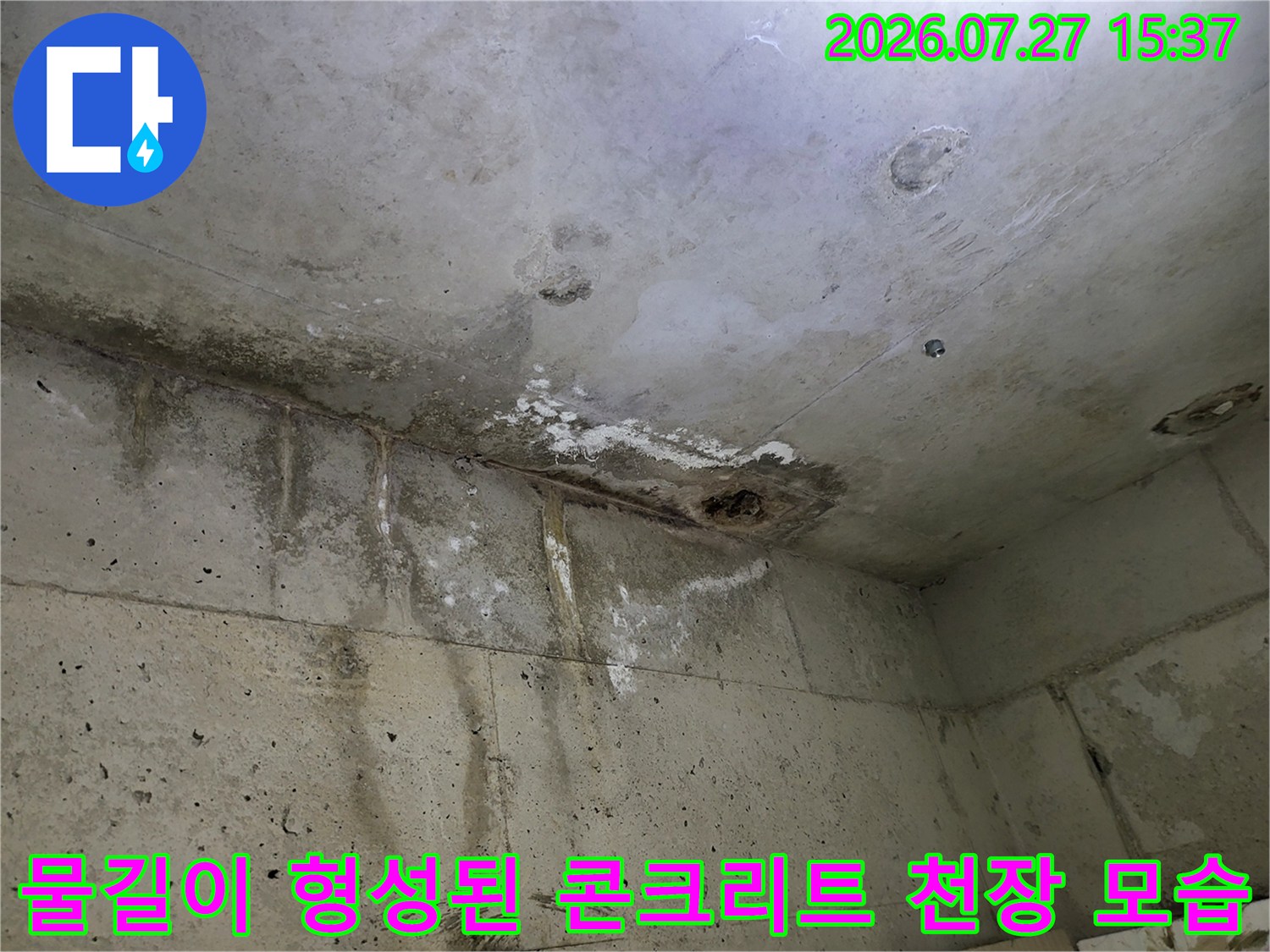 천장에서-벽으로-타고 내려오는-누수-얼룩과-곰팡이-흔적