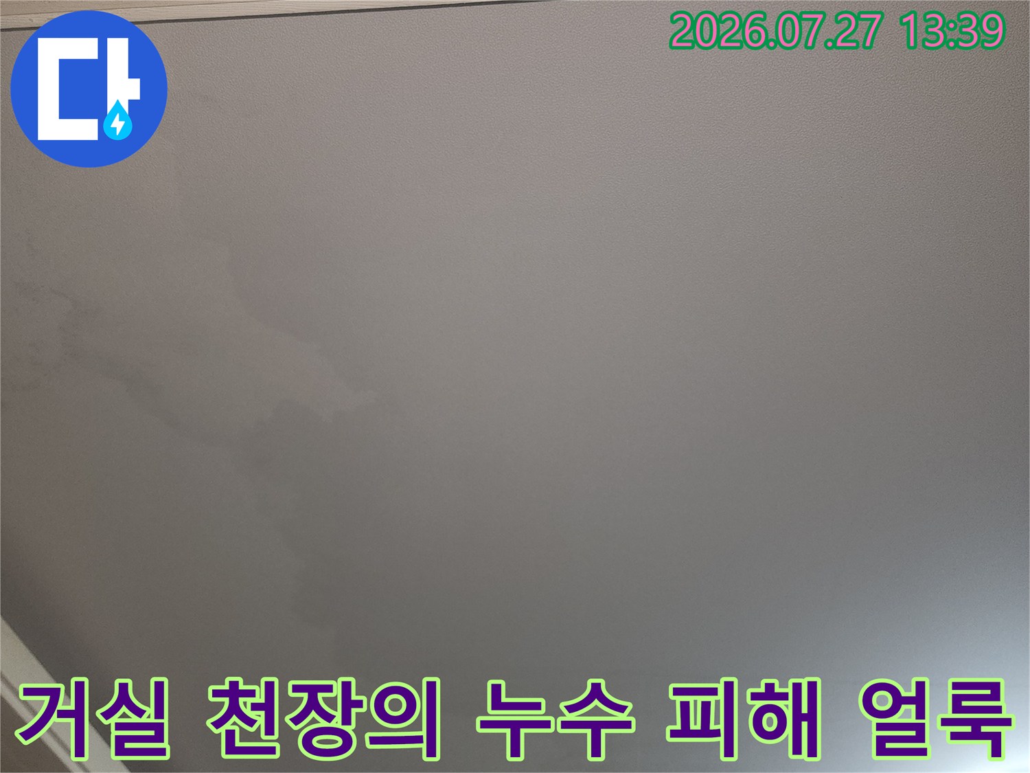 물샘 현상으로 인해 거실 천장 벽지가 젖어 색이 변한 모습-피해 상황