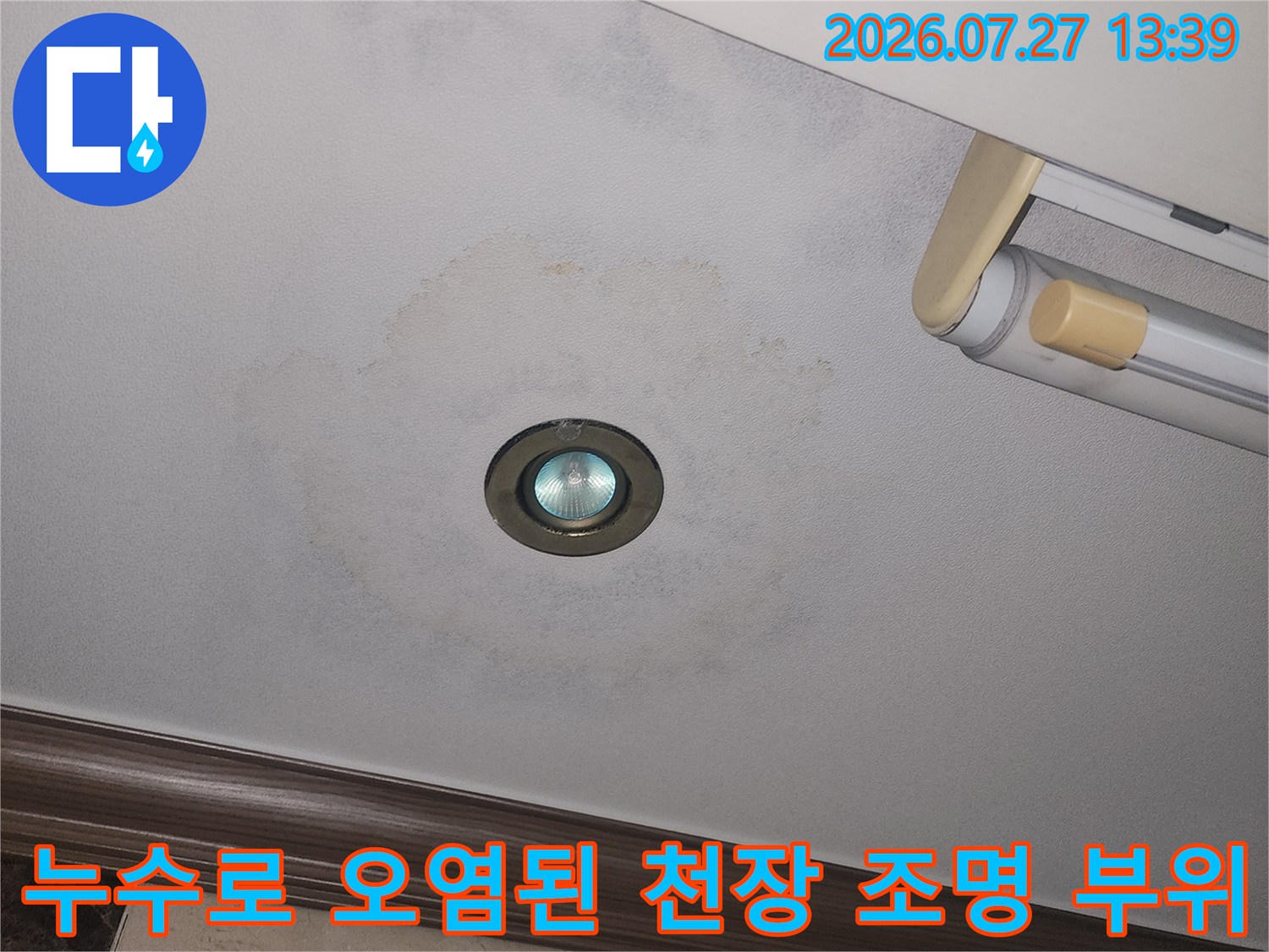 천장의 매립등 주변으로 물이 스며들어 발생한 원형의 누수 자국-사진