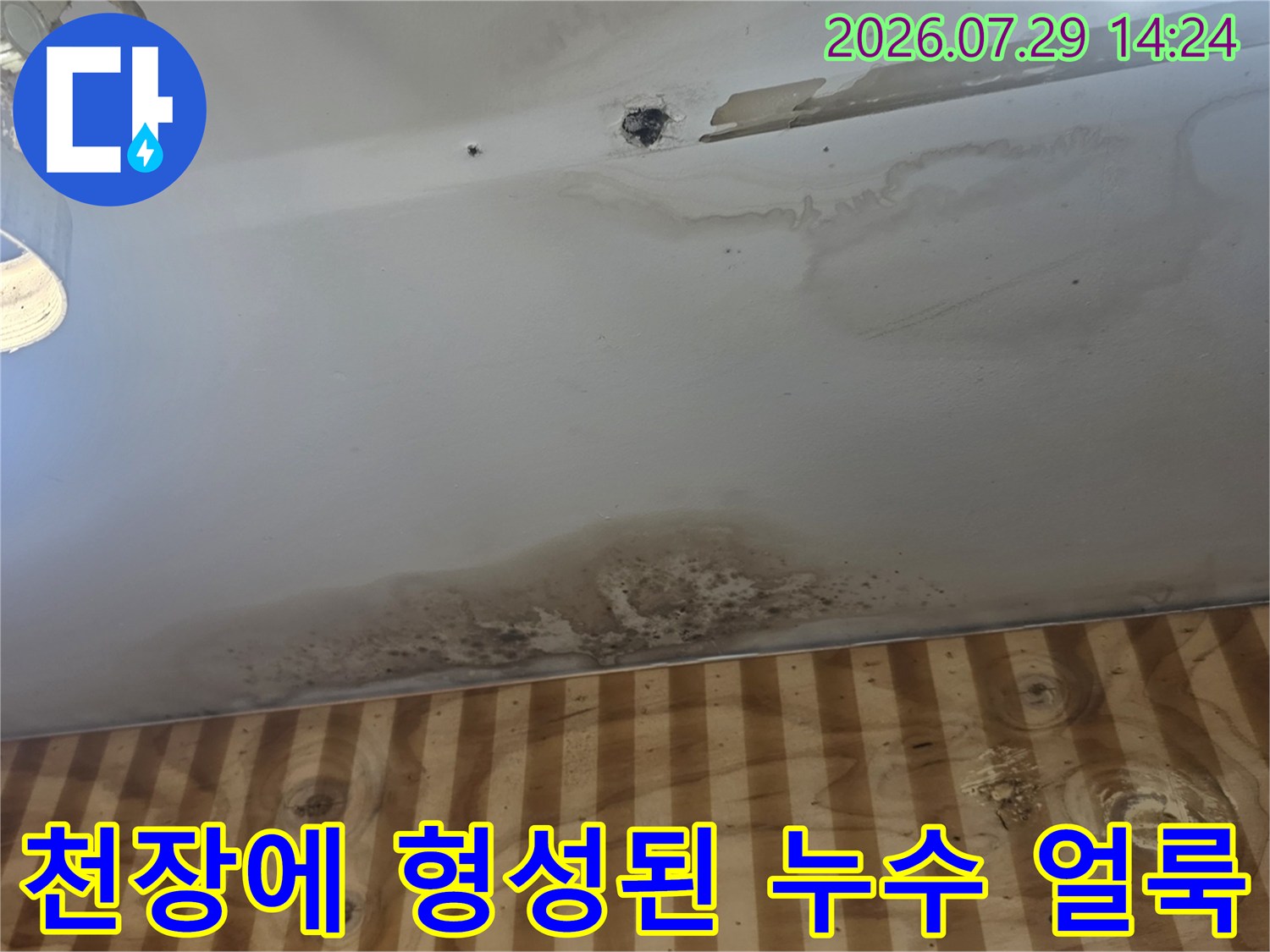 오랜 기간 물이 스며들어 변색되고 곰팡이가 발생한 천장 면의 모습