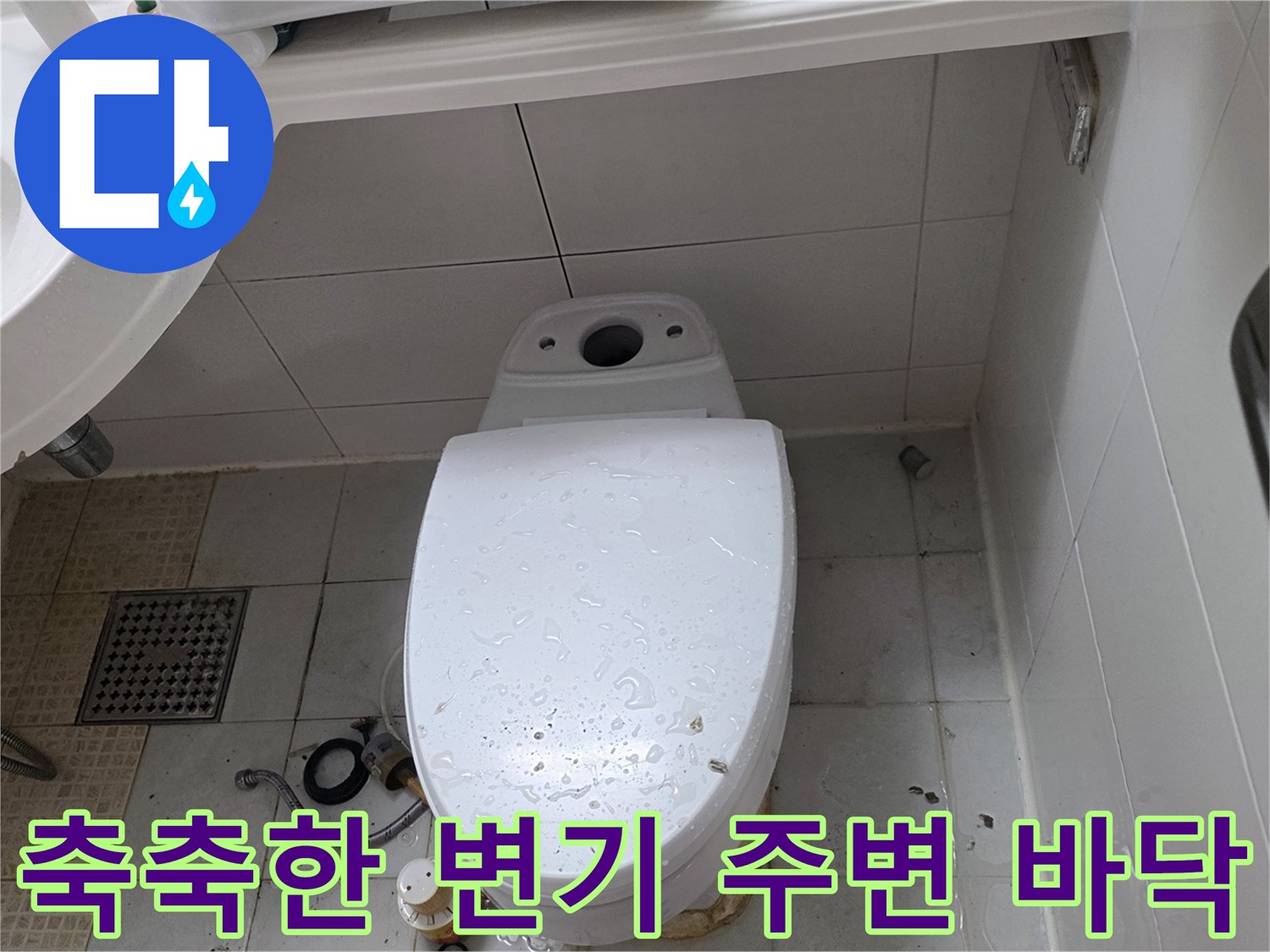 변기 밑바닥 타일 사이로 물기가 스며 나온 모습