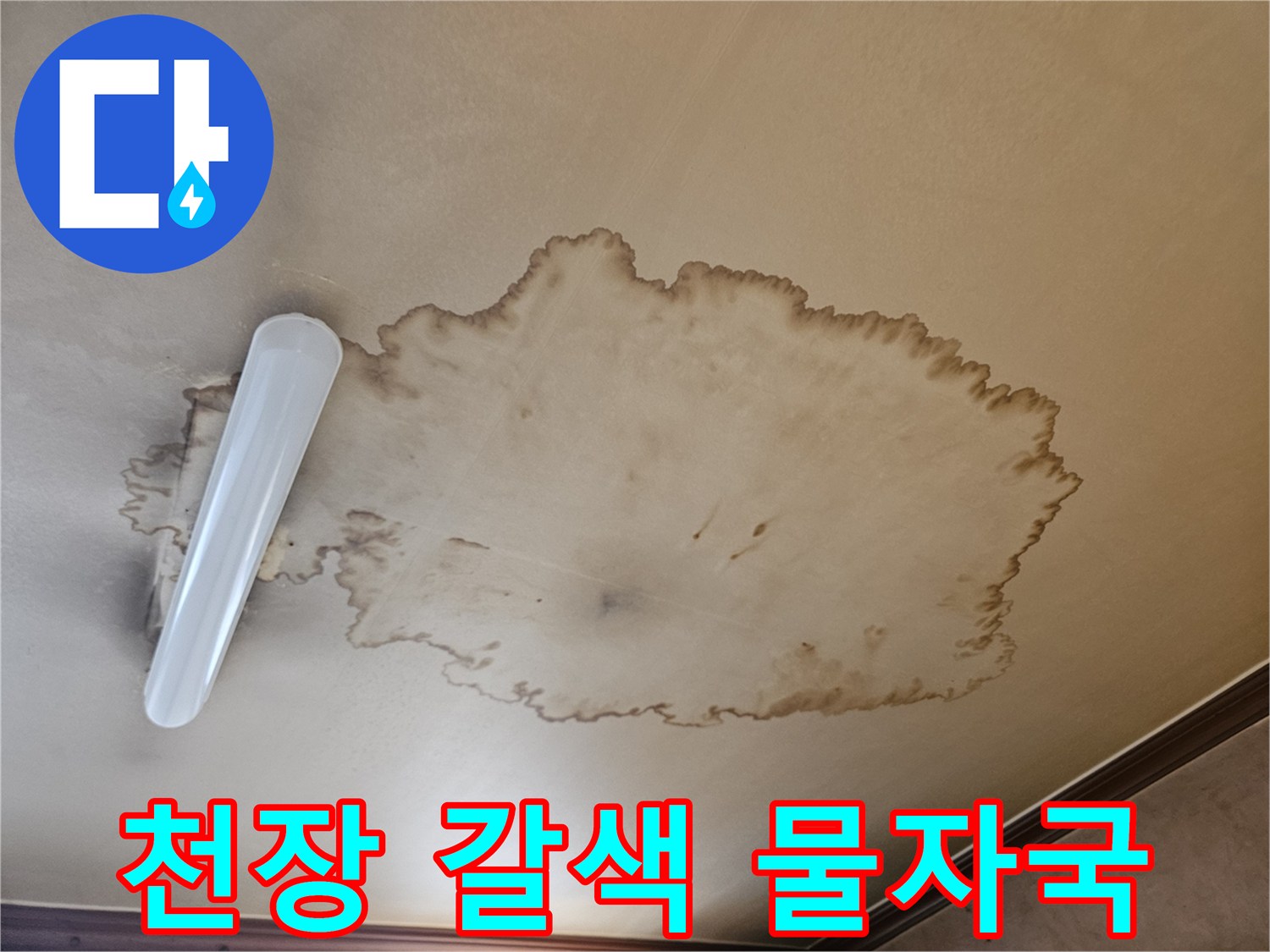 누수로 인해 넓게 퍼진 천장의 변색 부위