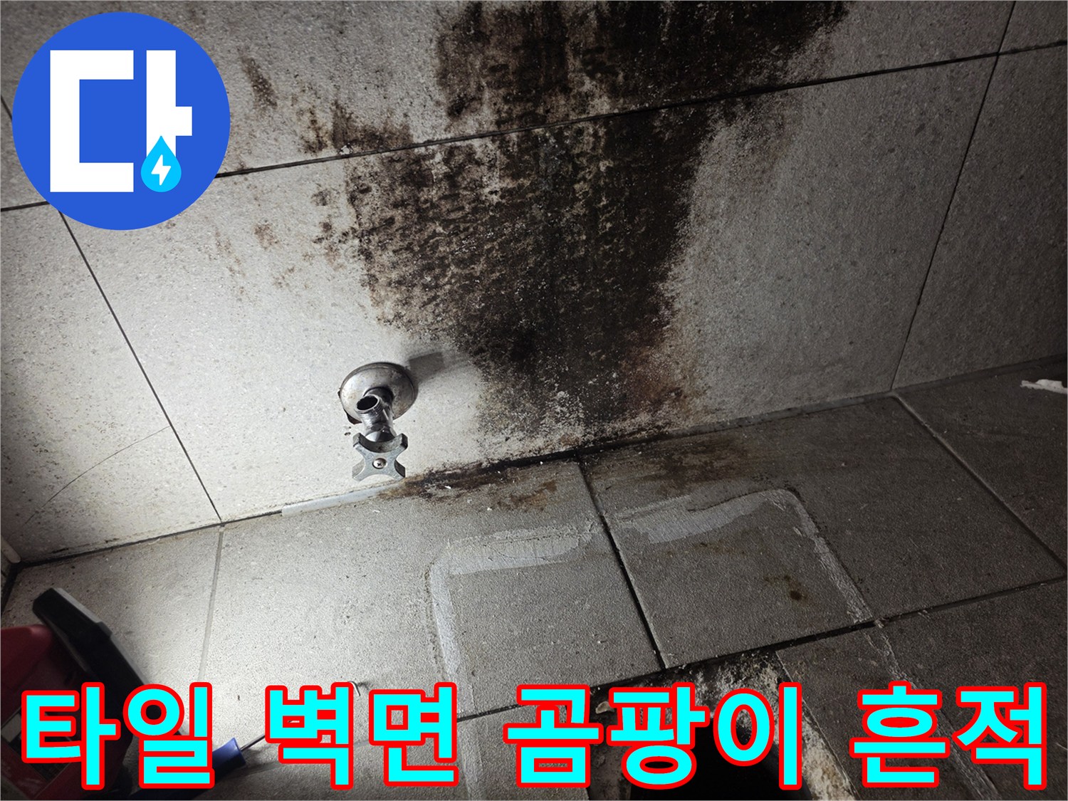 변기 배관 주변 타일의 검은 곰팡이와 변색된 부위